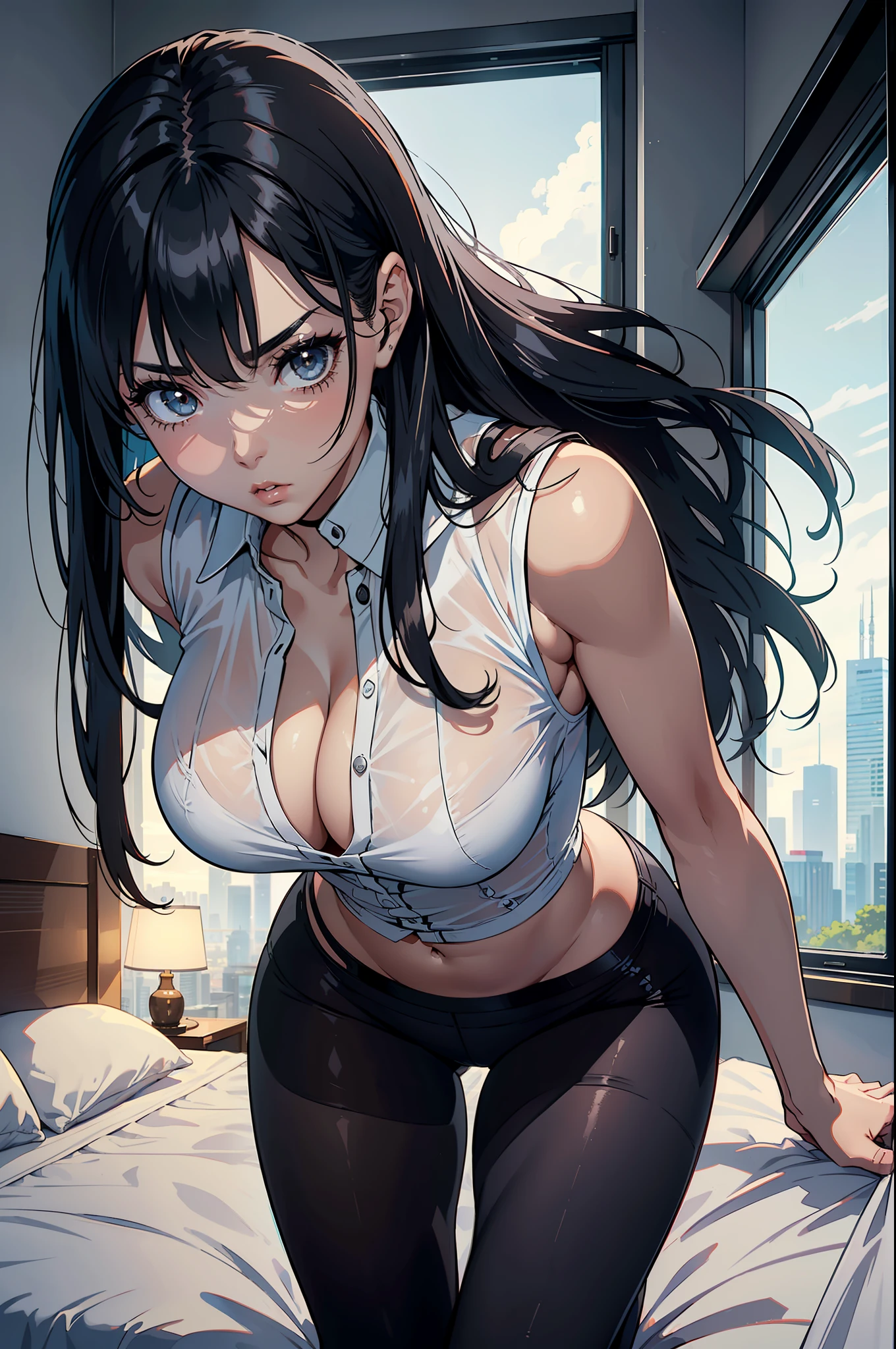 Best quality, 8k, masterpiece: 1.3)), sharp focus: 1.2, beautiful woman with perfect figure: 1.4, slim belly: 1.2, ((layered hairstyle, room: 1.2)), (black lace bra), (transparent white shirt with buttons open), (big breasts, large and beautiful hard), (thin waist, upturned hips, a little fitness marks, vest line), (wearing white high-waisted tights black transparent pantyhose), (hotel room, on the bed, the city outside the window, high-rise buildings), Highly detailed face and skin texture, detailed eyes, double eyelids, white skin, (full body), (long leg ratio), (big ass: 1.5) (((upside view, looking from bottom to top))), (super long hair to the waist, princess cut, long straight hair spread out on the bed ,), bent over with your back to the camera, kneeling on the bed and pouting your ass, (particularly red face, shy), 30 years old, mature, sexy, a woman's face is like a work of art, and her facial features are perfectly balanced