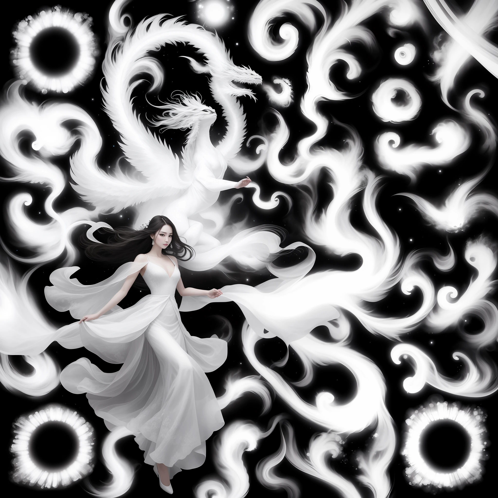 In a captivating image, an elegant woman clad in a white Chinese gown glides through the sky atop a mythical Chinese dragon. As they traverse the heavens, her flowing gown and the dragon's iridescent scales create a mesmerizing vision of harmony and otherworldly beauty. 
hdr, (photorealism, masterpiece quality, best quality), , pureerosface_v1,ulzzang-6500-v1.1,