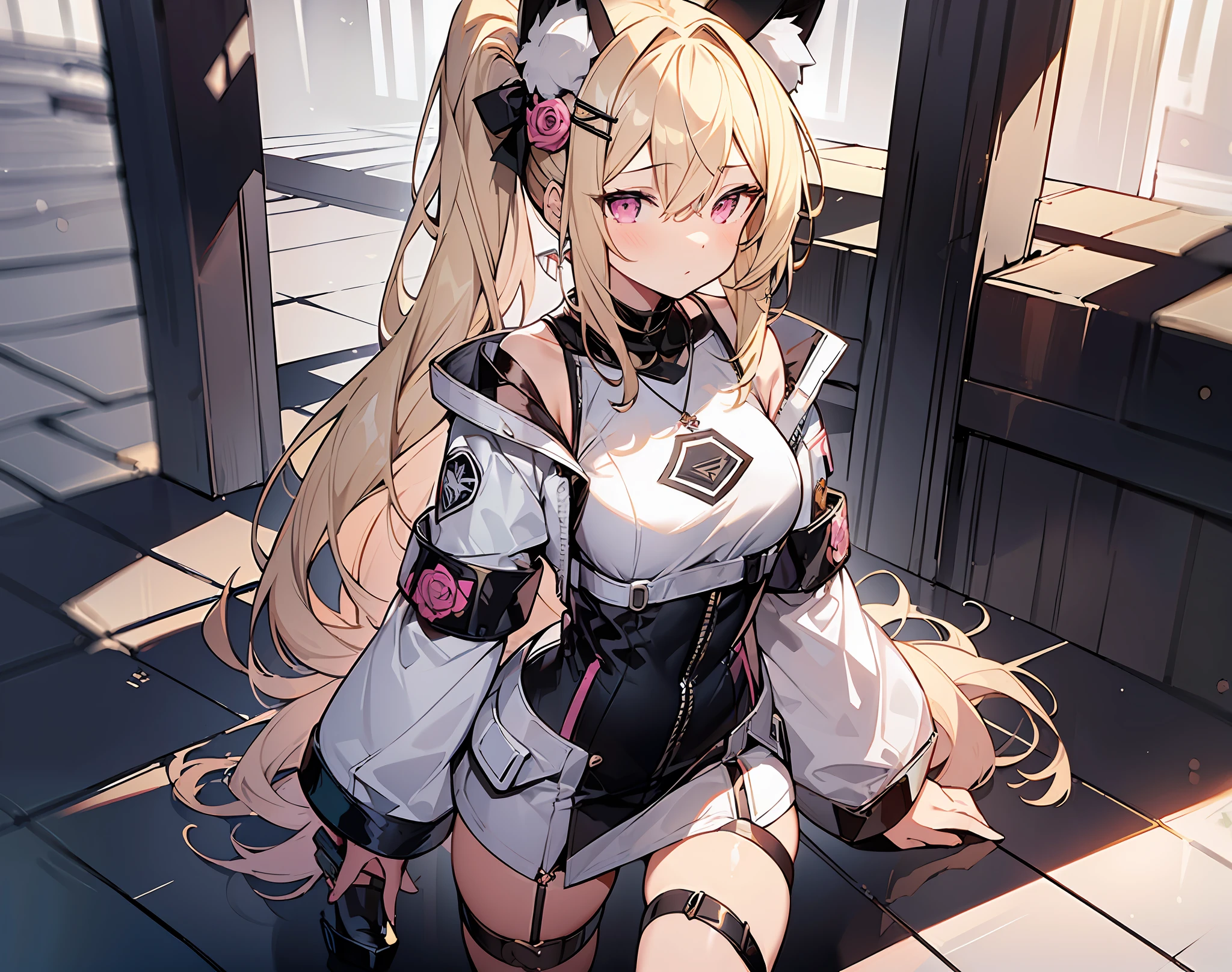 ((masterpiece, best quality)), a maiden, standing full body main view blonde hair, double ponytail, pink eyes, bangs between the eyes fox ears , black, white and rose clothing, clothing style: combat suit, leg strap, hair ornament is a bow crystal pendant high heels white silk