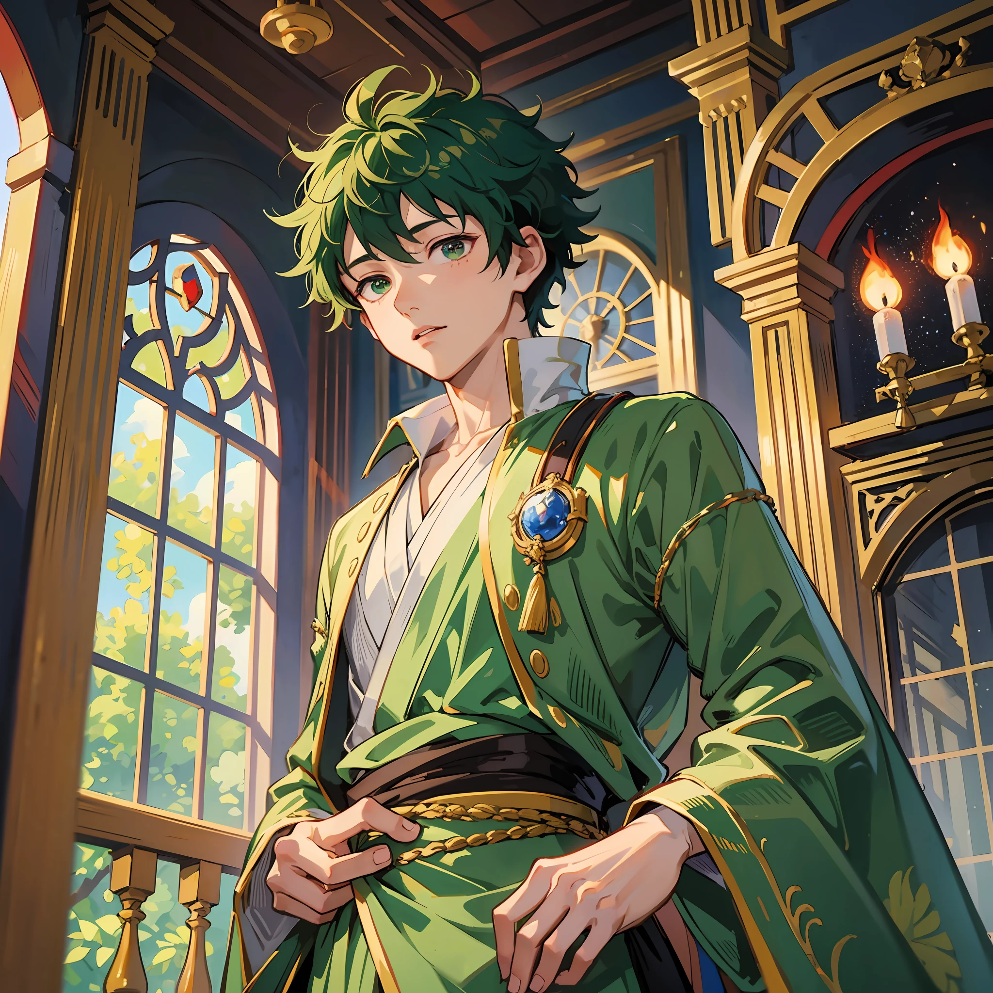 Midoriya Izuku, he is dressed in princely clothes, his face is a little red, it is noted that he is in a medieval palace, his eyes are green, his hair very dark green, his waist is thin although he is a man, high resolution, masterpiece, total focus on him. --auto --s2