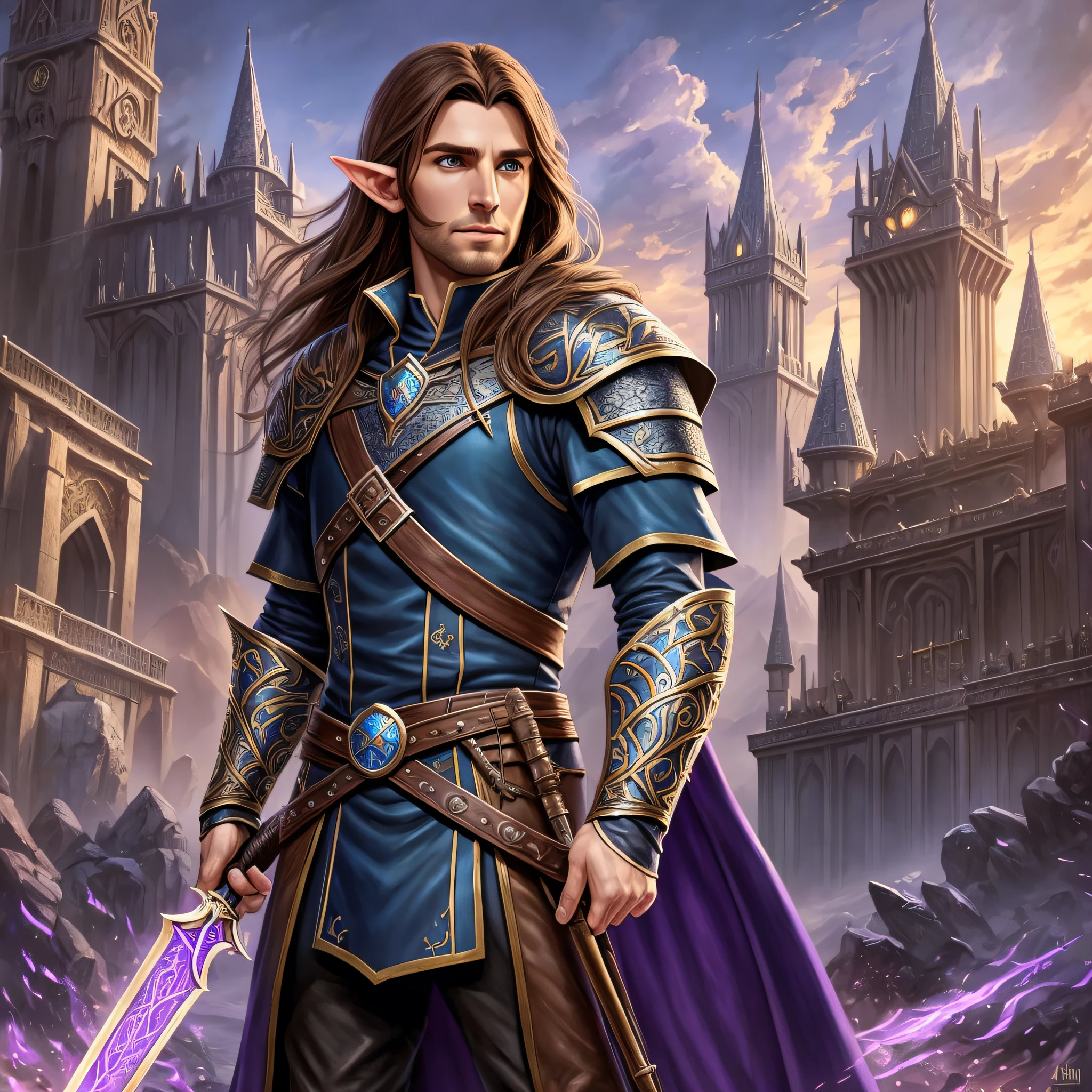 portrait of a full body, Male half elf, with short stubble, with long brown hair hair, blue eyes, 4k fantasy art bladesinger casting a spell, 4k fantasy art, forgotten realms setting, 4k fantasy art,  dnd, wearing full leather armor dnd 4k fantasy, wearing purple cloak, bladesinger 4k fantasy art, RPG art, dnd art, holding a moonblade with elven sigils 4k fantasy art, in a fantasy urban setting, 4k fantasy art --auto --s2