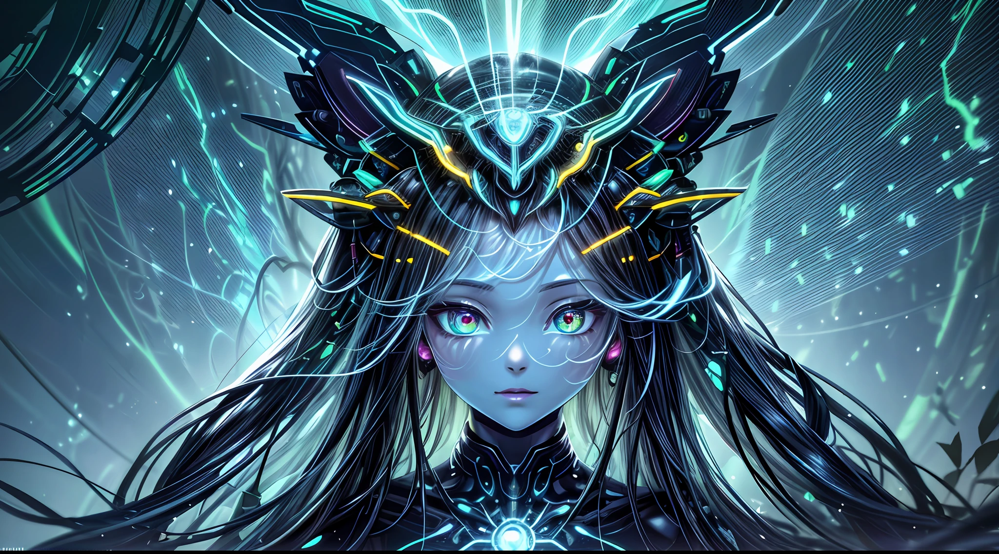 Zoom on the head of an advanced humanoid robot, its face adorned with glowing circuitry and intricate patterns, exuding an otherworldly aura, situated in a lush, vibrant rainforest teeming with exotic flora and fauna, rays of sunlight piercing through the dense canopy, creating a magical and ethereal environment, Illustration, digital painting with vibrant colors and intricate details