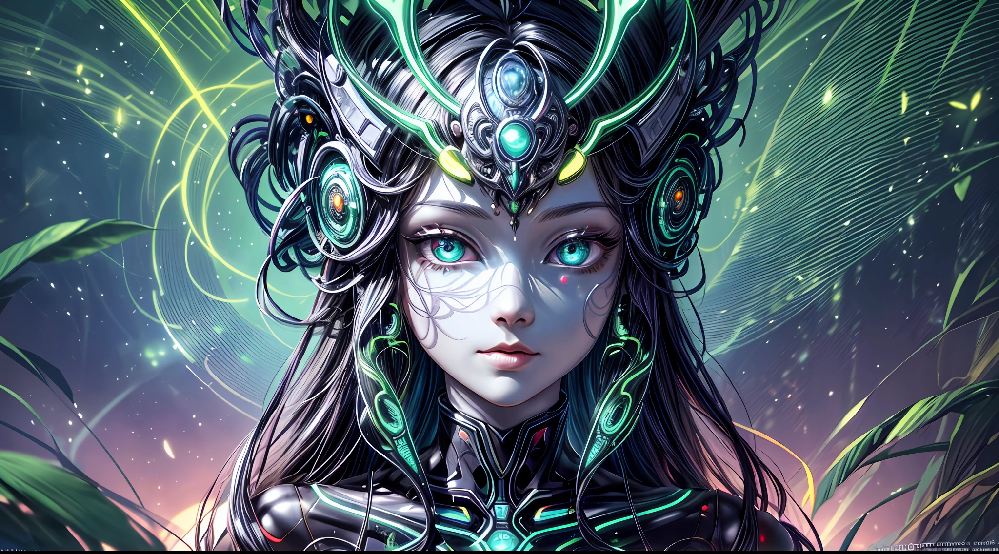 Zoom on the head of an advanced humanoid robot, its face adorned with glowing circuitry and intricate patterns, exuding an otherworldly aura, situated in a lush, vibrant rainforest teeming with exotic flora and fauna, rays of sunlight piercing through the dense canopy, creating a magical and ethereal environment, Illustration, digital painting with vibrant colors and intricate details