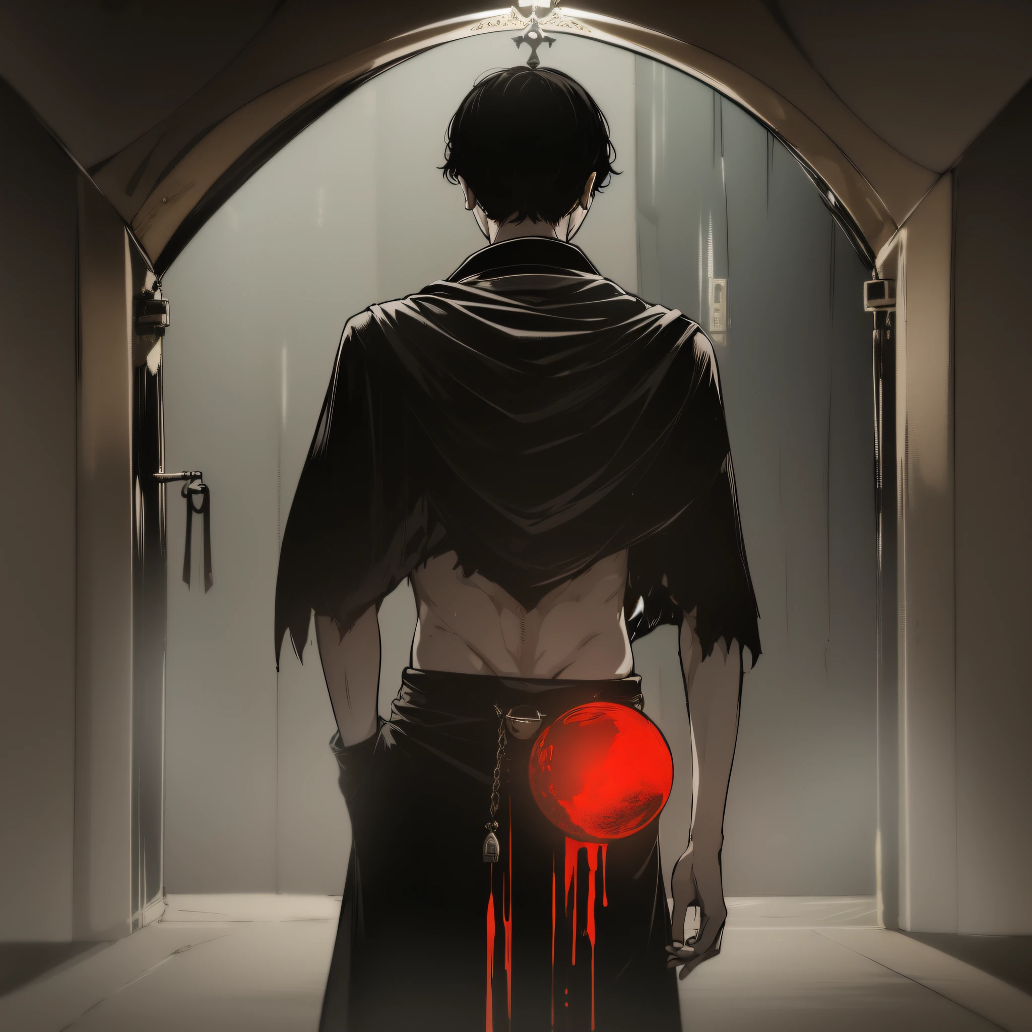 ((One Man)), (black short hair), white hiccups, pale skin, black cloth robe, a sphere with red liquid in his hand, a large lock behind his back, the lock emits a green glow