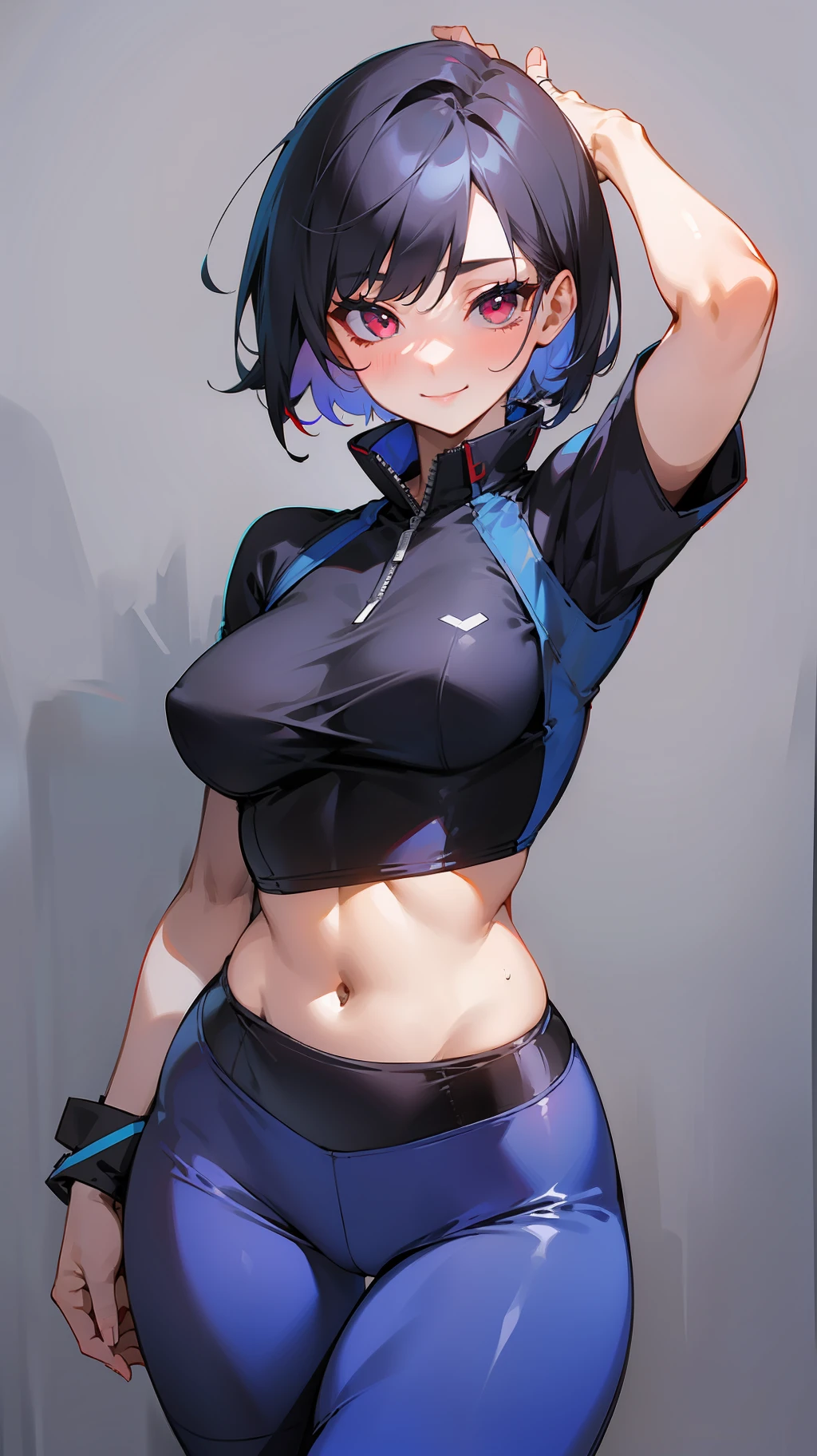 A girl, exercise dress, sexy, short hair + black, white flannel, blue leggings, red eyes, seductive smile