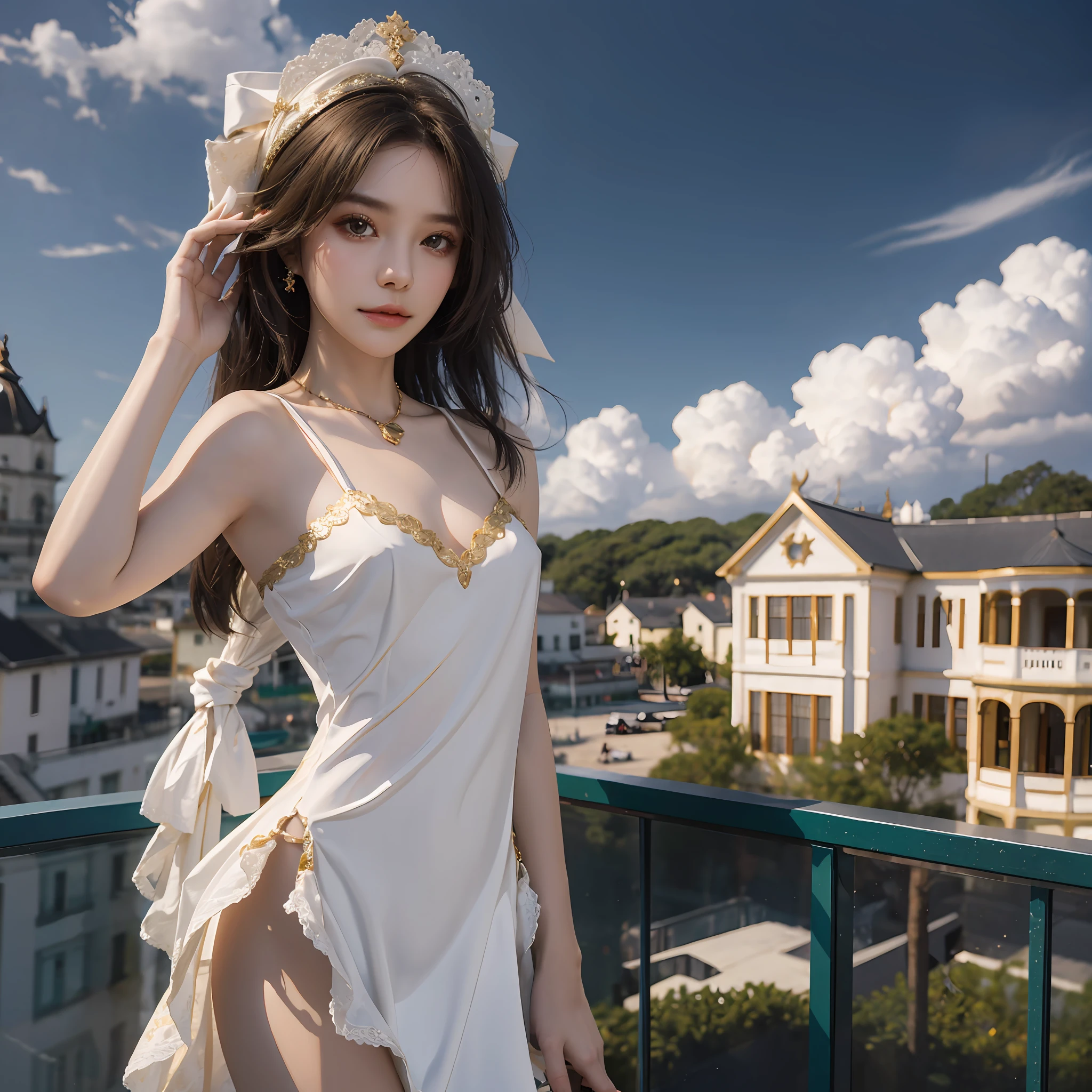 Realistic image of high quality 8k, 1 girl of 25 years human levitation, delicate and perfect Brazilian face, (s(eios very small)), short dress of gold and white lace, V-neckline, jewelry in emerald gold and diamonds, beautiful country house in the background.