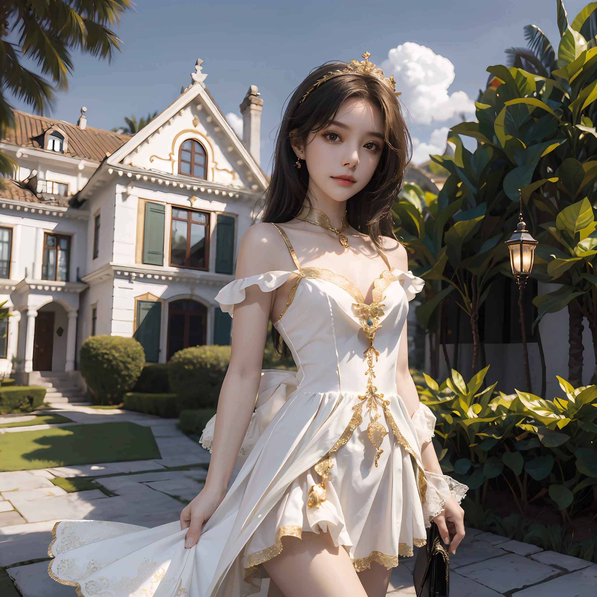 Realistic image of high quality 8k, 1 girl of 25 years human levitation, delicate and perfect Brazilian face, (s(eios very small)), short dress of gold and white lace, V-neckline, jewelry in emerald gold and diamonds, beautiful country house in the background.