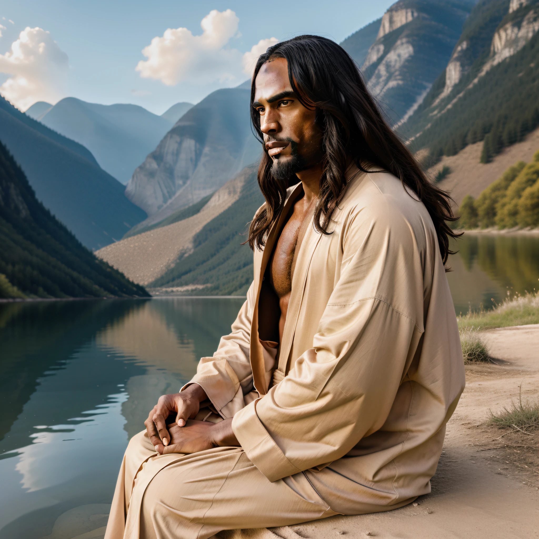 Black Jesus wearing a beige robe on the edge of a beautiful lake
