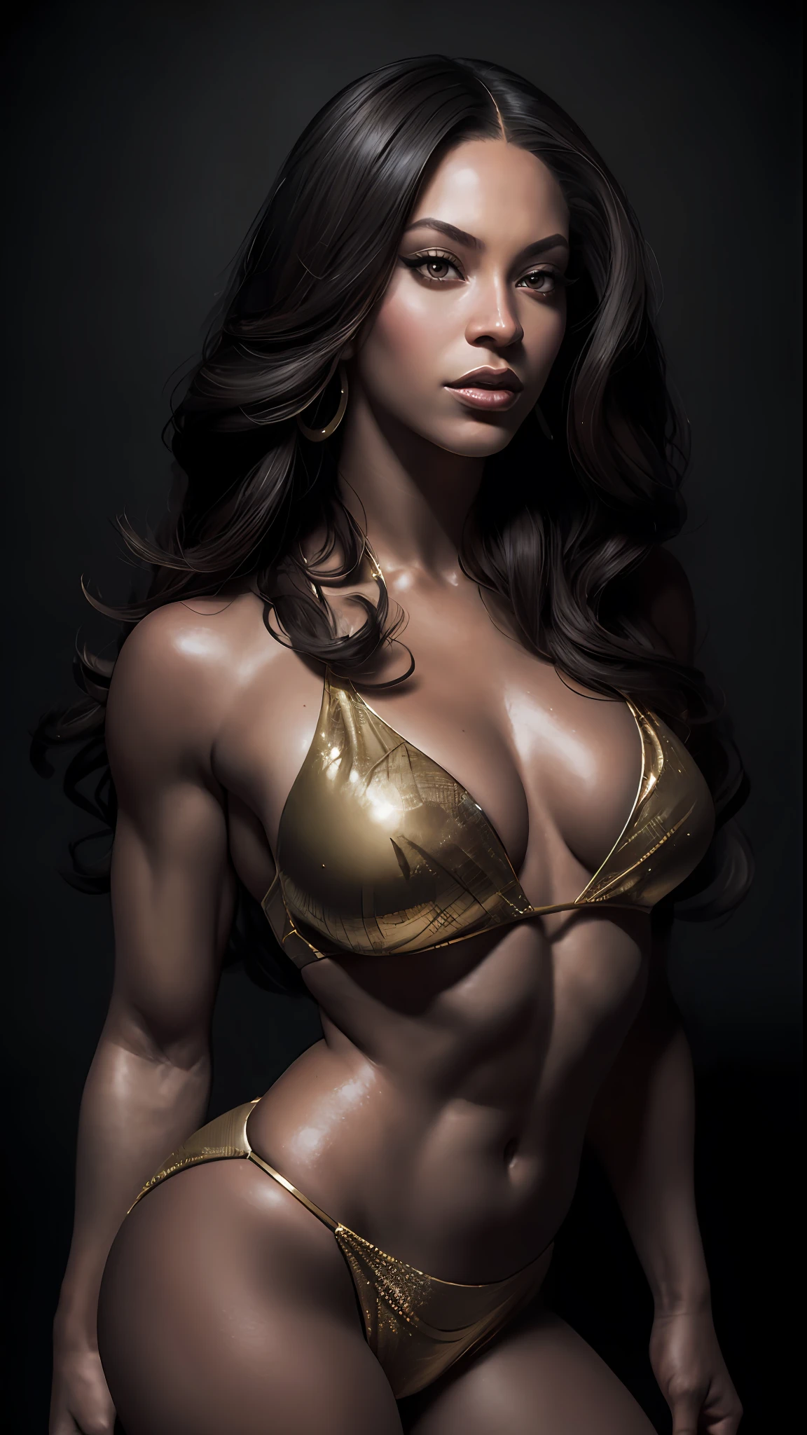 8k portrait of Beyoncé muscular, bikini, intricate, 35 years old, gym background, full body, looking at the camera, elegant, (black eyes), highly detailed, majestic, digital photography, art by artgerm and ruan jia and greg rutkowski, broken glass around (masterpiece, side lighting, beautiful finely detailed eyes: 1.2 ), hdr