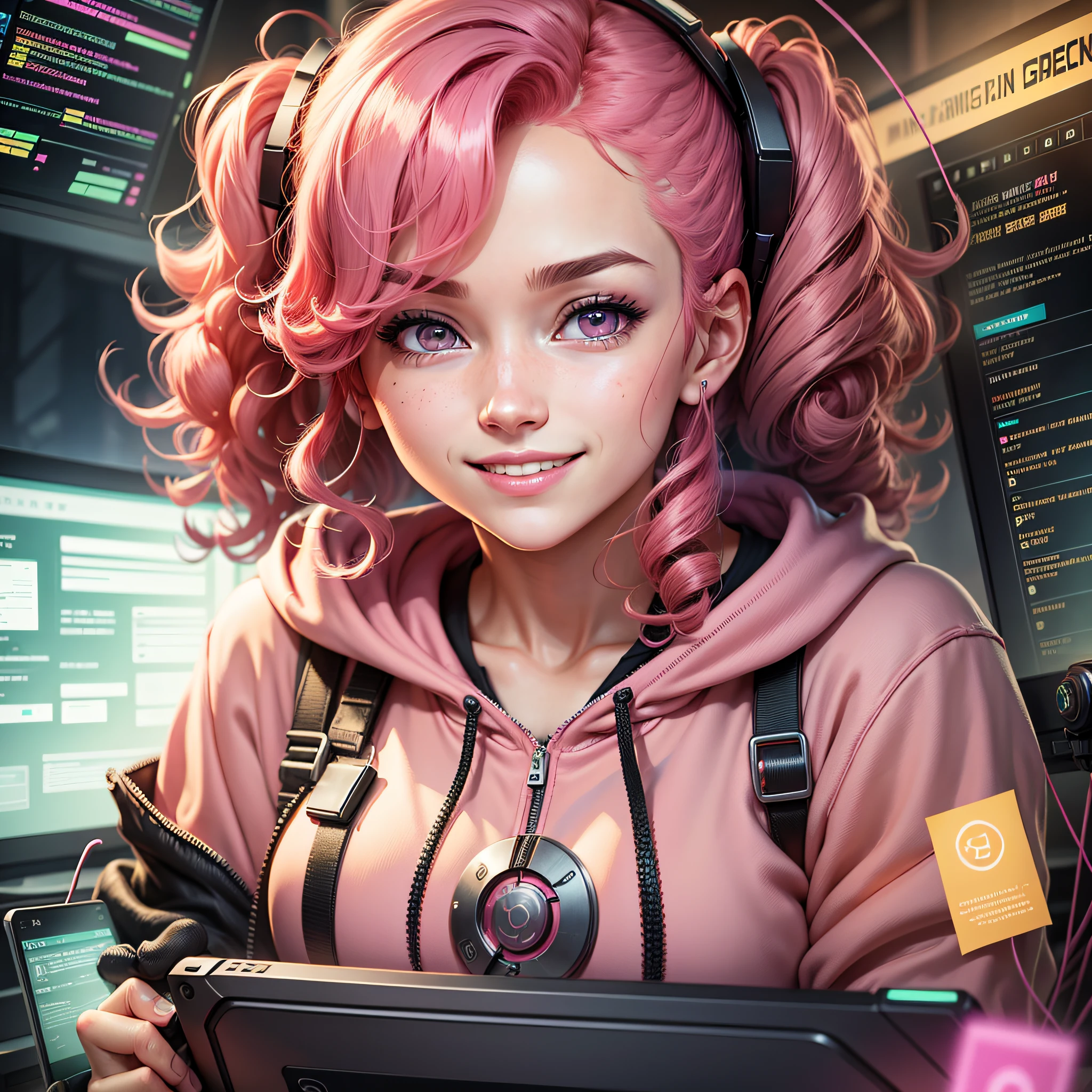 A young woman with curly pink hair, detailed light rose eyes, smiling. wears a yellow hoodie and skirt, holds a laptop. in a casual scene, wires and screens around her. looking with hacker and skill. detailed codes, cyber, masterpiece, detailed textures and pixels, ultra detailed skin textures. 8k resolution, by Madhouse studio. “Hana’s Hacker Day”. trending on pinterest. perfect high-quality anime illustration.