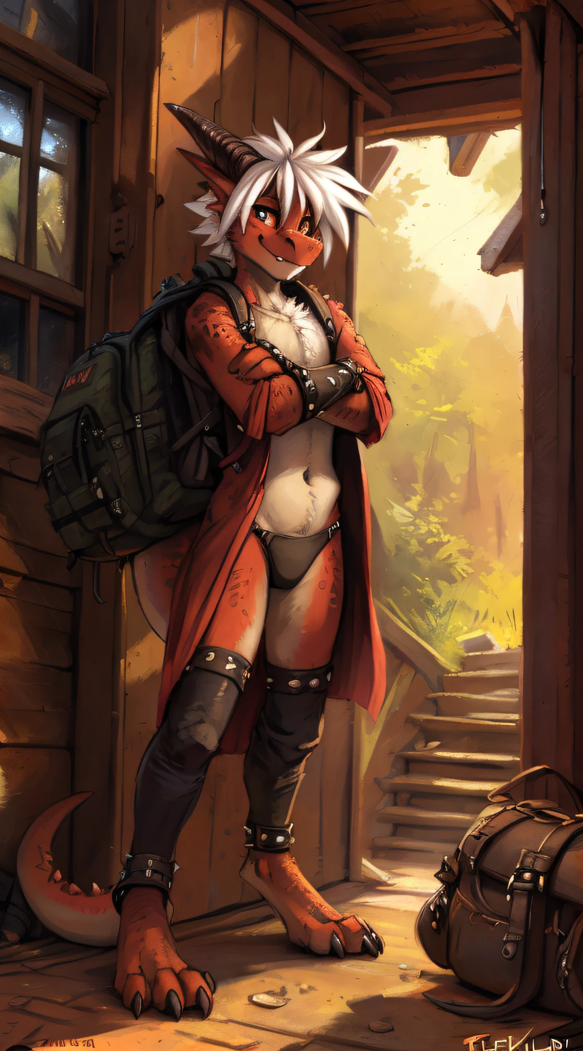 (((by fluff-kevlar, by Zackary911, by Kenket, by Kilinah))), solo male ((Kobold)), (detailed Kobold)) wearing a long robes, muscular abs, Kobold black horns, Kobold tail, messy white hair, thigh highs, black thong, shirtless, front view, looking at the observer with an embarrassed smile, blush, , perspective, finely detailed paws, punk style, adventure backpack,
