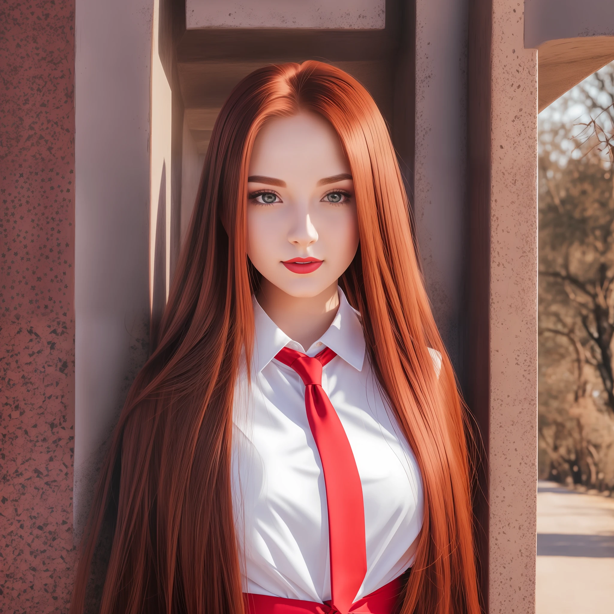 Beautiful red-haired woman with long straight hair falling under her shoulder, wearing high school clothes, blouse with red tie and red mini skirt, black socks that go up to the knees and all star sneakers, angel wings of black color, red makeup around the eyes making a drawing on the face, eyes of the color purple, red lipstick, a mole on the left side of the mouth, perfect face, expression of shame, cute expression, perfect body, round chest, big ass, thick thighs, whole body, detailed scenery, detailed photo, masterpiece, 8k, raw photo, perfect lighting --auto --s2