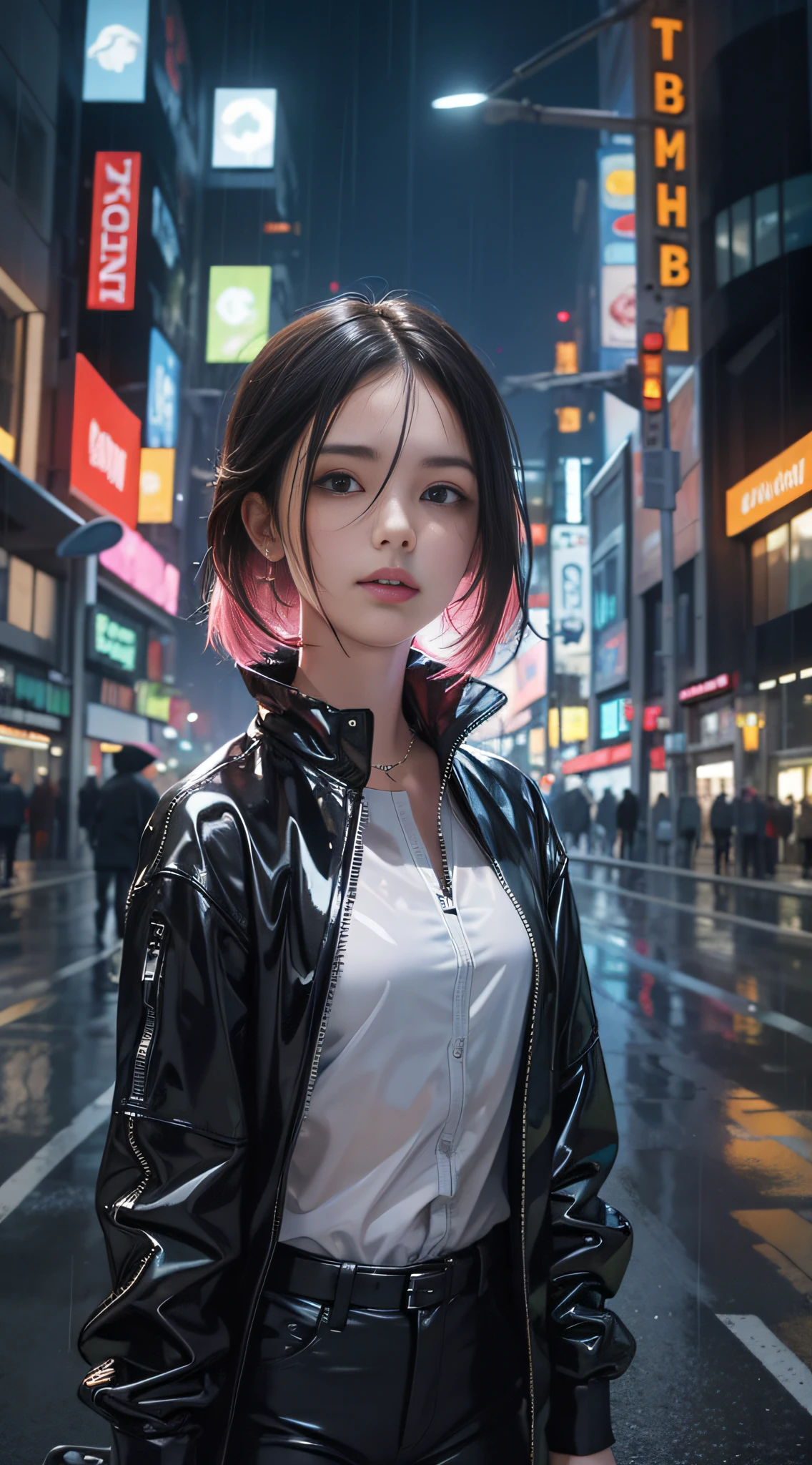 amazing girl look for the camera, wearing a pvc transparent cover, worm view, night, misty, rain, there is a person walking up a set of wide avenue in a city, Downtown avenue of Dubai, street of Dubai, in Dubai, city like Dubai, walking over a tiny city, cyberpunk, artwork of a Dubai street, man walking through city, style by Anthony Presley, Deviantart
