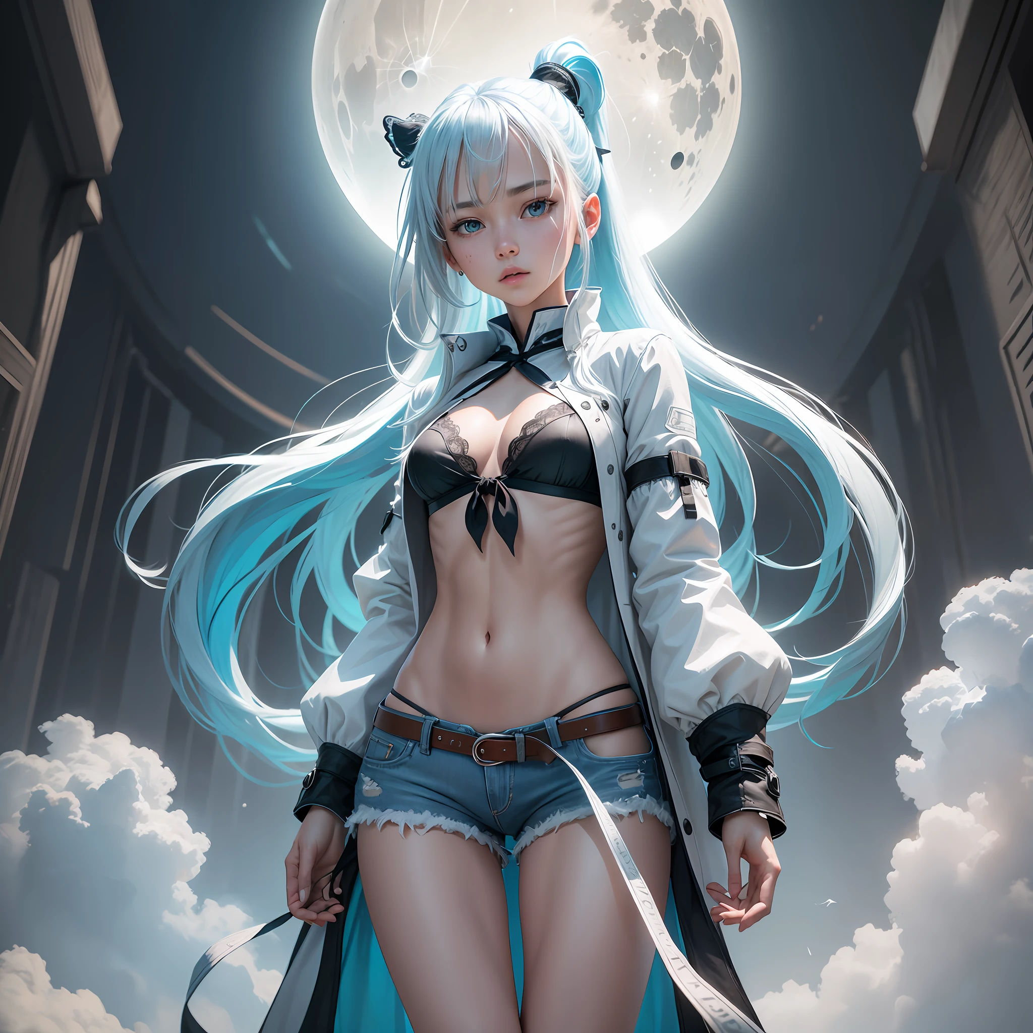 Realistic image of high quality 8k, 1 western girl, slim body, human levitation, tight coat, cyan lace bra, s(very small ties), white jean shorts, long straight hair ponytail, black and white colored hair, lunar terrain in the background. --auto --s2