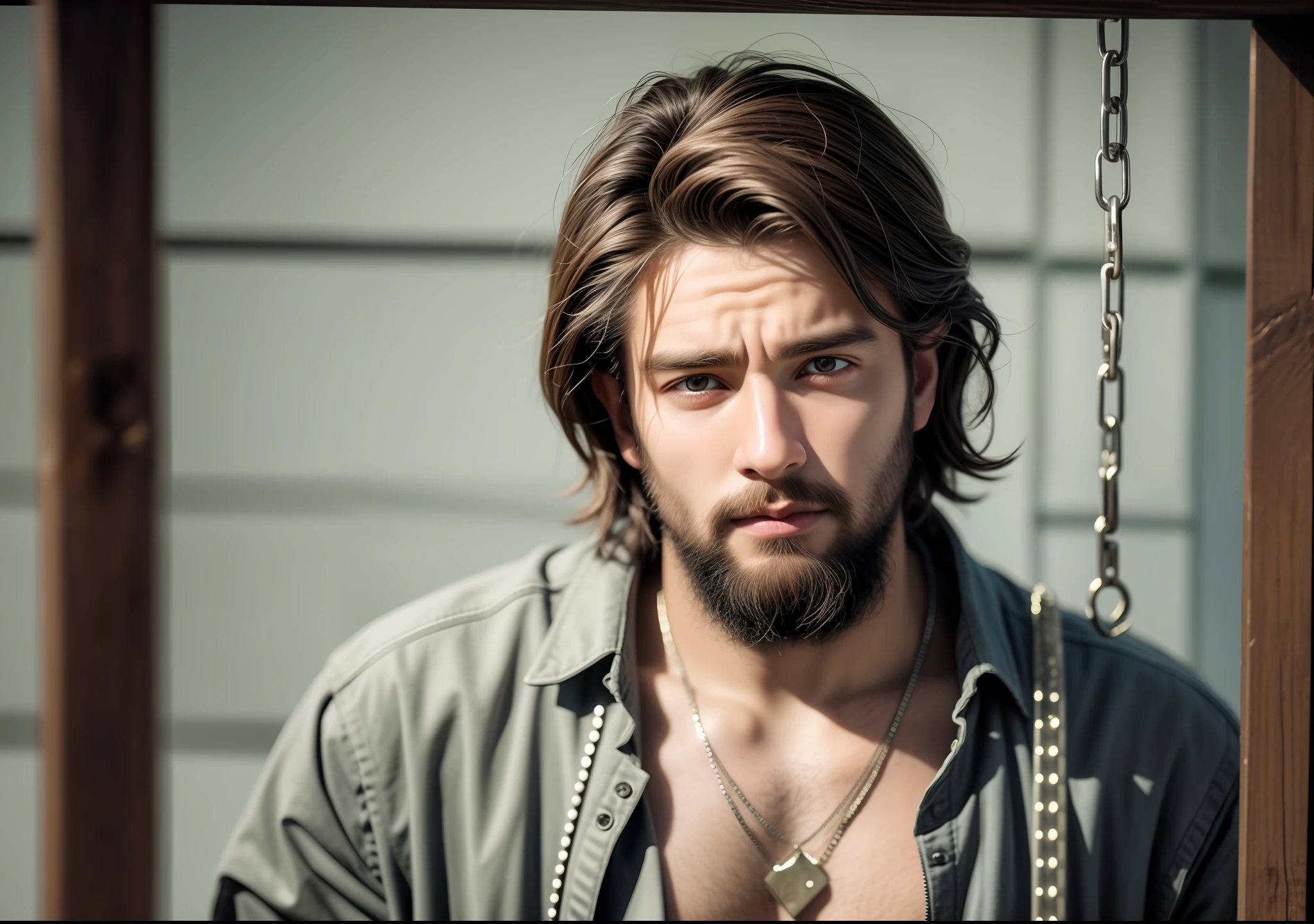 A young man of 25 years, with beard, with clothes stuck in the prison with bars and chains.