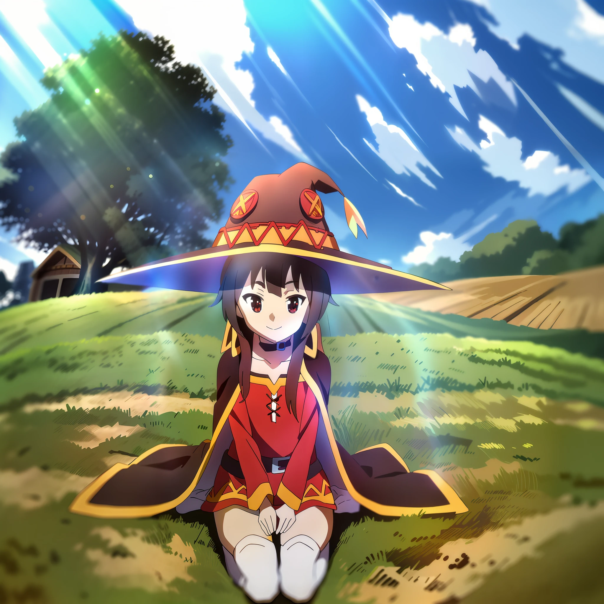 field; farm; Megumin, sitting on ground, looking up, sky, smiling, crimson dress, cape, witch hat; sunlight; masterpiece;