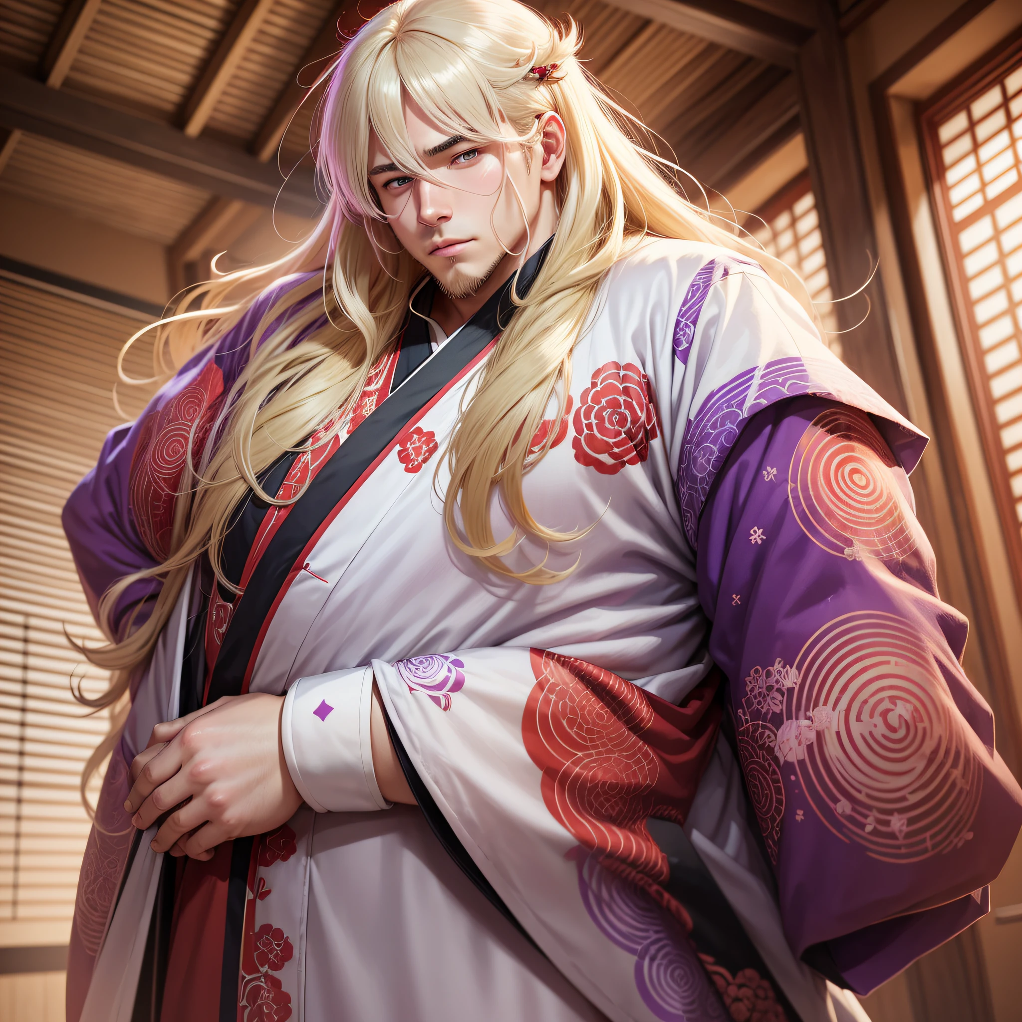 Realistic male and adult anime character, long blonde hair with bangs, white skin, fat body and face and with large cheeks with red swirl mark wearing a red and purple kimono --auto --s2