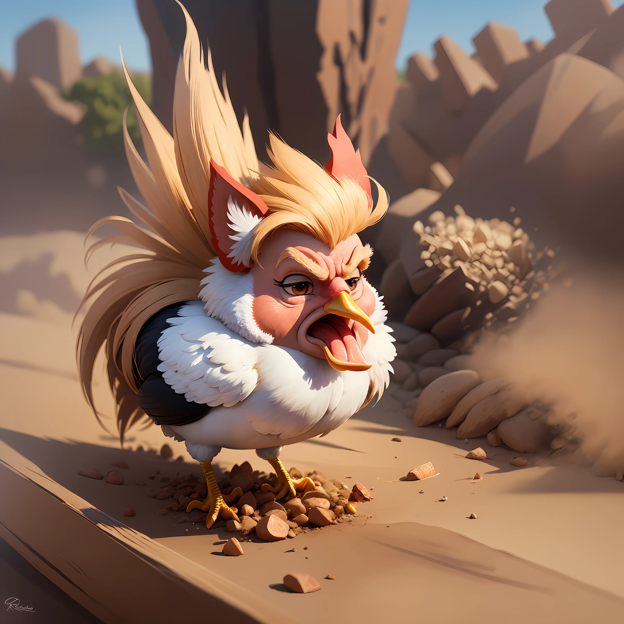 there is a cartoon chicken with a very big head and a very long beak, cocky expression, rolands zilvinskis 3d render art, angry 8 k, illustration of an angry rooster, anthropomorphized chicken, trending on polycount, 3 d epic illustrations, adorable digital painting, cute detailed digital art, 3 d render stylized