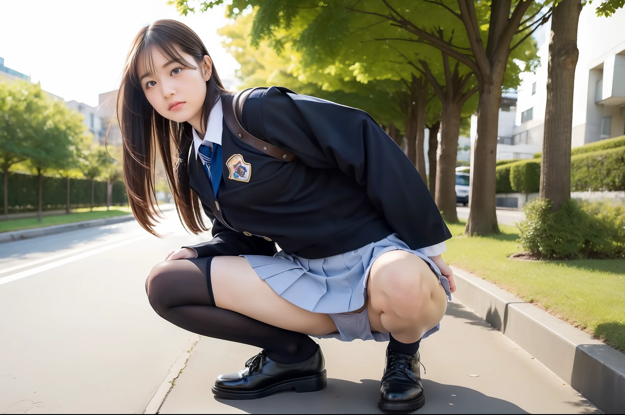Move the center of gravity back, pretty embarrassing, no panties, thin legs, sidewalk, RAW photos, 8K, highest quality, super high resolution, beautiful face in detail, realistic human skin, gentle expression, front view, angle from below, long hair, realistic, photorealistic, cute, short skirt, squatting deep in the city, cute schoolgirl, wearing Japan schoolgirl uniform, surreal schoolgirl, Full body, no panties, there are camel toes, legs wide open, see-through underwear, pubic hair sticking out of underwear