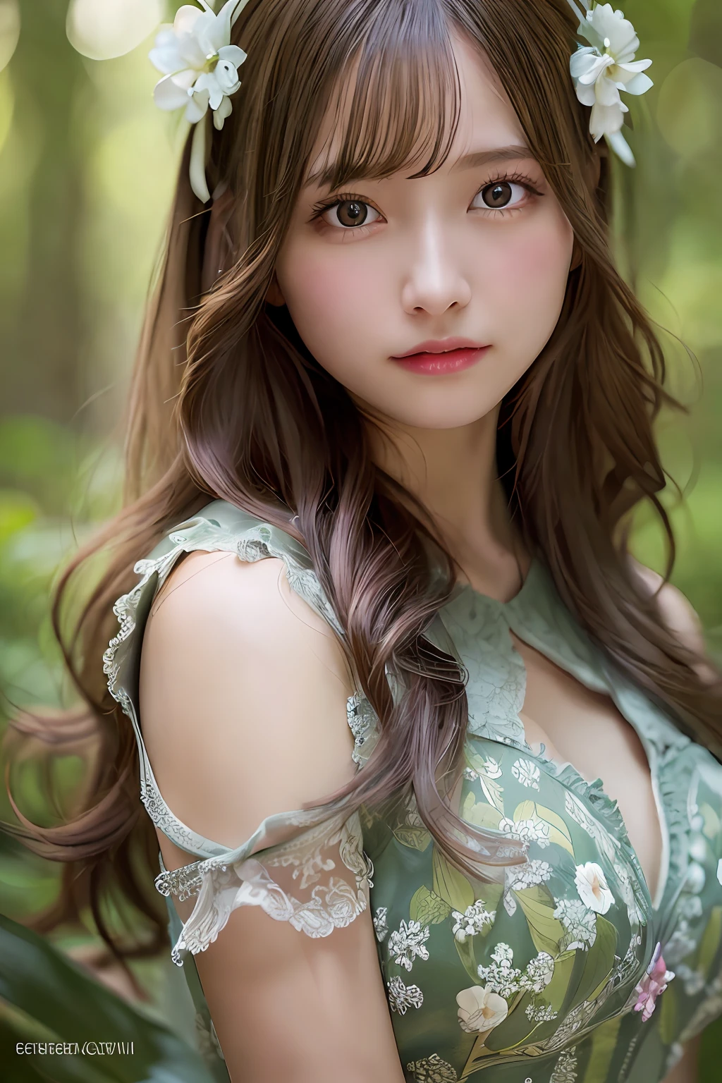 best quality, high resolution, extremely detailed photography, (photorealistic), upper body shot, professional lighting, ((a girl, solo)), beautiful detailed face and eyes, Euphoria, Wearing Maxi dress, in Enchanted forest