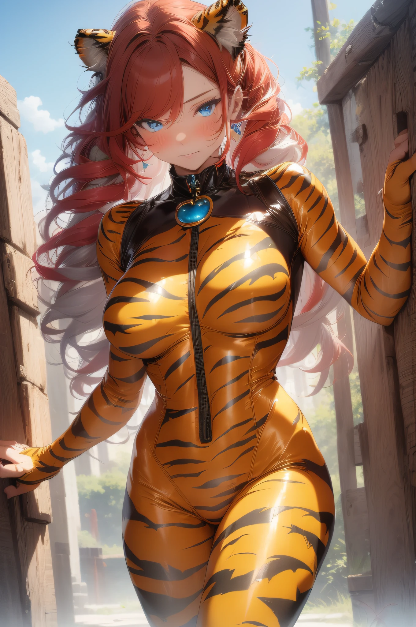 (((High Saturation)))), (in the zoo), Blake (1.4 women per person), (Sky Blue Eyes), ((Redhead)), (Long Wavy Hair), Blushing, (Big: 1.1), Blake Cowboy Shot, (((Compression Tiger Bodysuit)), (Tiger Print: 1.3), (Leg-shaped brooch chest: 1.4)))), Break Gonzo, Break ((Ultra Detailed) ), ((Illustration)), (Beautiful Detailed Eyes), Beautiful, Wonderful, ((Masterpiece)))), (Real: 0.5), Best Quality, Blake Park, (Blue Sky),