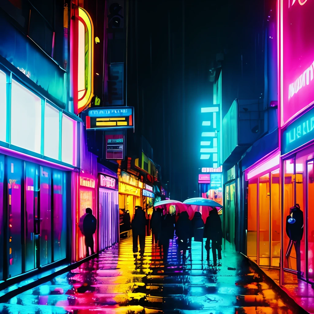 The vibrant neon lights flicker and reflect in the rainwater puddles, streets are filled with hurried people, wearing futuristic and cybernetic clothing, their shiny skins under the neon lamps, neon tubes running along the walls.