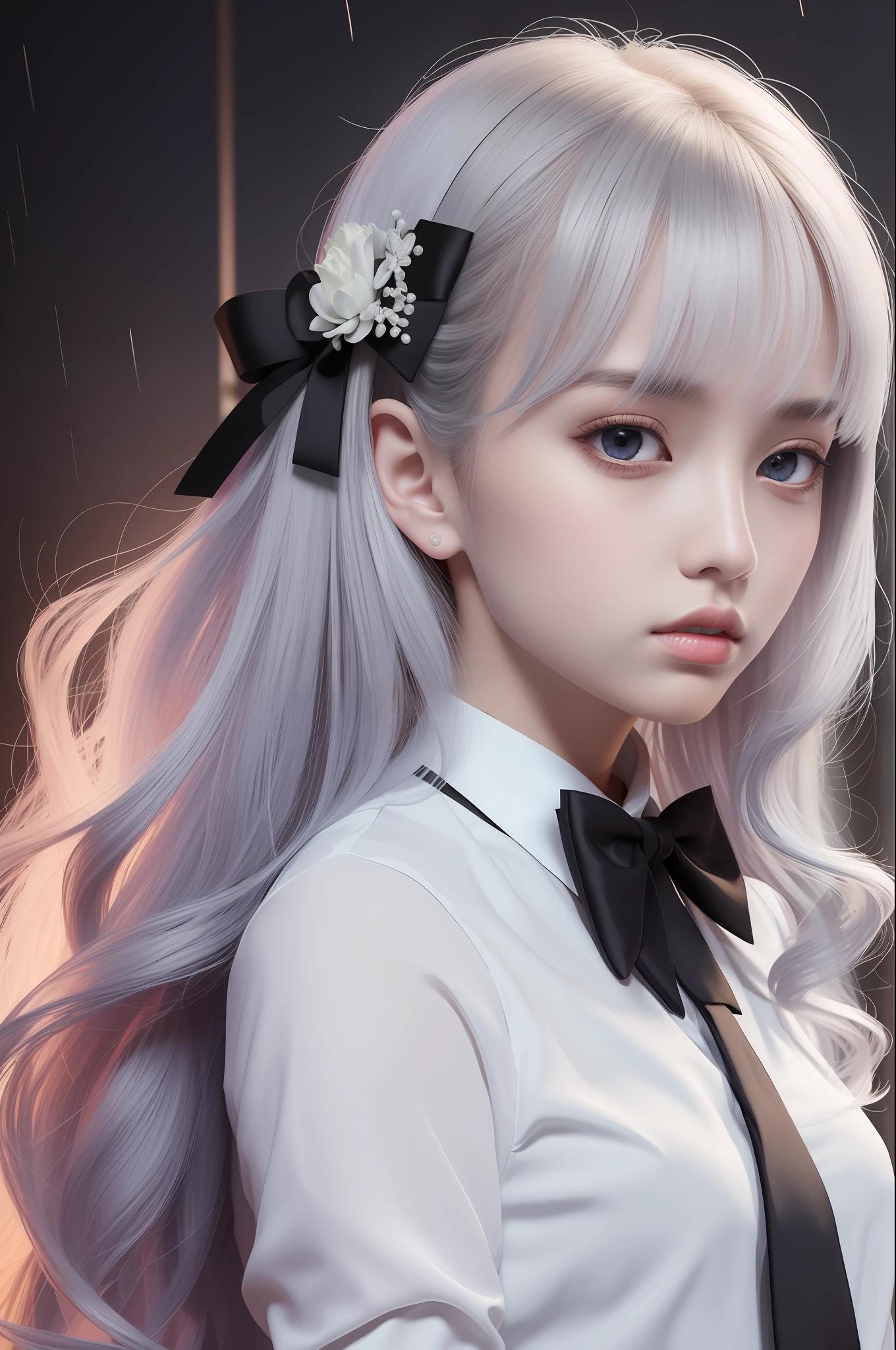 masterpiece, best quality, illustration, {Beauty Girl}, Beauty Girl, (Flames: 1.2), (Behind the Nuclear Explosion: 1.3), Rain, Fine Lighting, Fine Water, (Beauty Eyes: 1.1), Expressionless, Palace, Azure Hair, Disheveled Hair, Long Bangs, Hair Between Eyes, (Whitegrey Dress: 1.1), Black Ribbon, White Bow Tie, Abdomen, Big Forehead, Blank Stare, Flower, Long Sleeve