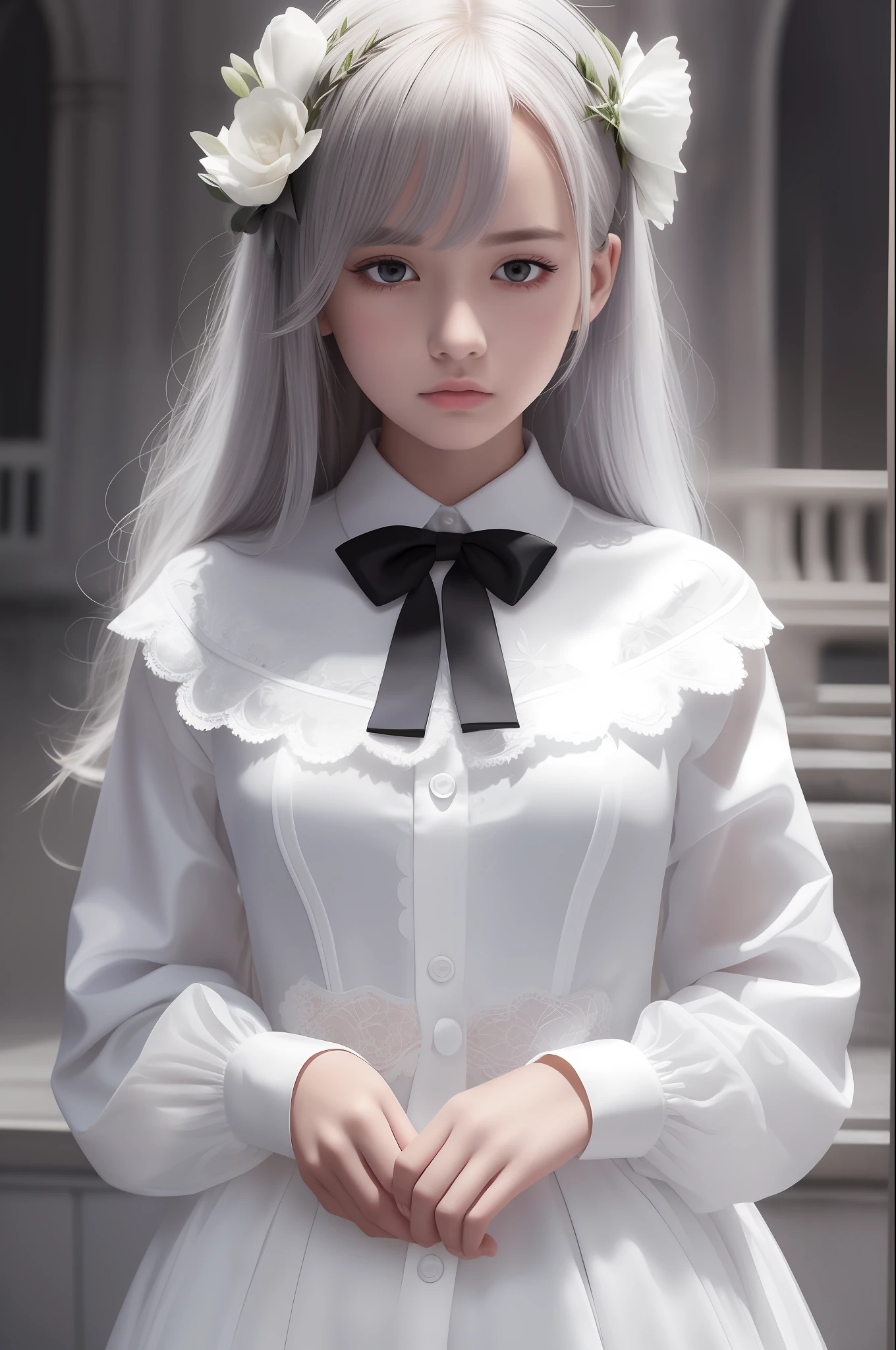 masterpiece, best quality, illustration, {Beauty Girl}, Beauty Girl, (Flames: 1.2), (Behind the Nuclear Explosion: 1.3), Rain, Fine Lighting, Fine Water, (Beauty Eyes: 1.1), Expressionless, Palace, Azure Hair, Disheveled Hair, Long Bangs, Hair Between Eyes, (Whitegrey Dress: 1.1), Black Ribbon, White Bow Tie, Abdomen, Big Forehead, Blank Stare, Flower, Long Sleeve