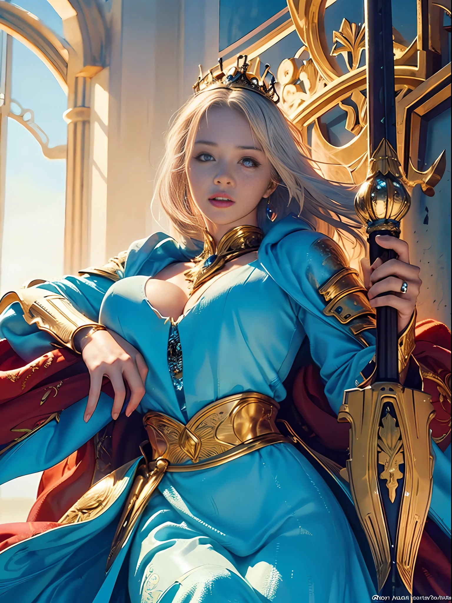 Official Art, Unity 8k wallpaper, ultra detail, masterpiece, best quality, one woman, (very detailed),(RAW photo, best quality), (realistic, photorealistic:1.3), high definition, open mouth wide, ultra-detailed complex 3D rendering of face, (big breasts: 8.8), (highly detailed skin: 1.2), (exposure: 1.1), Beautiful Caucasian woman with full soft breasts and white skin with big ass (topless), breasts, white hair, blue eyes, long hair, (translucent pink dress), dynamic angle, mystical expression, fire glow effect, fantasy background, rim lighting, side light, cinematic light, ultra high definition, 8k, film grain,best shadow, light particles, detailed skin texture, Detailed jewel armor texture, detailed face, intricate detail, super detailed, bright, strong, gold armor, cleavage, slender abs, have glowing weapons, have a shield, pole dron, ((beautiful huge crown with detail)), shining eyes, long red cloak, fantasy, (realistic),