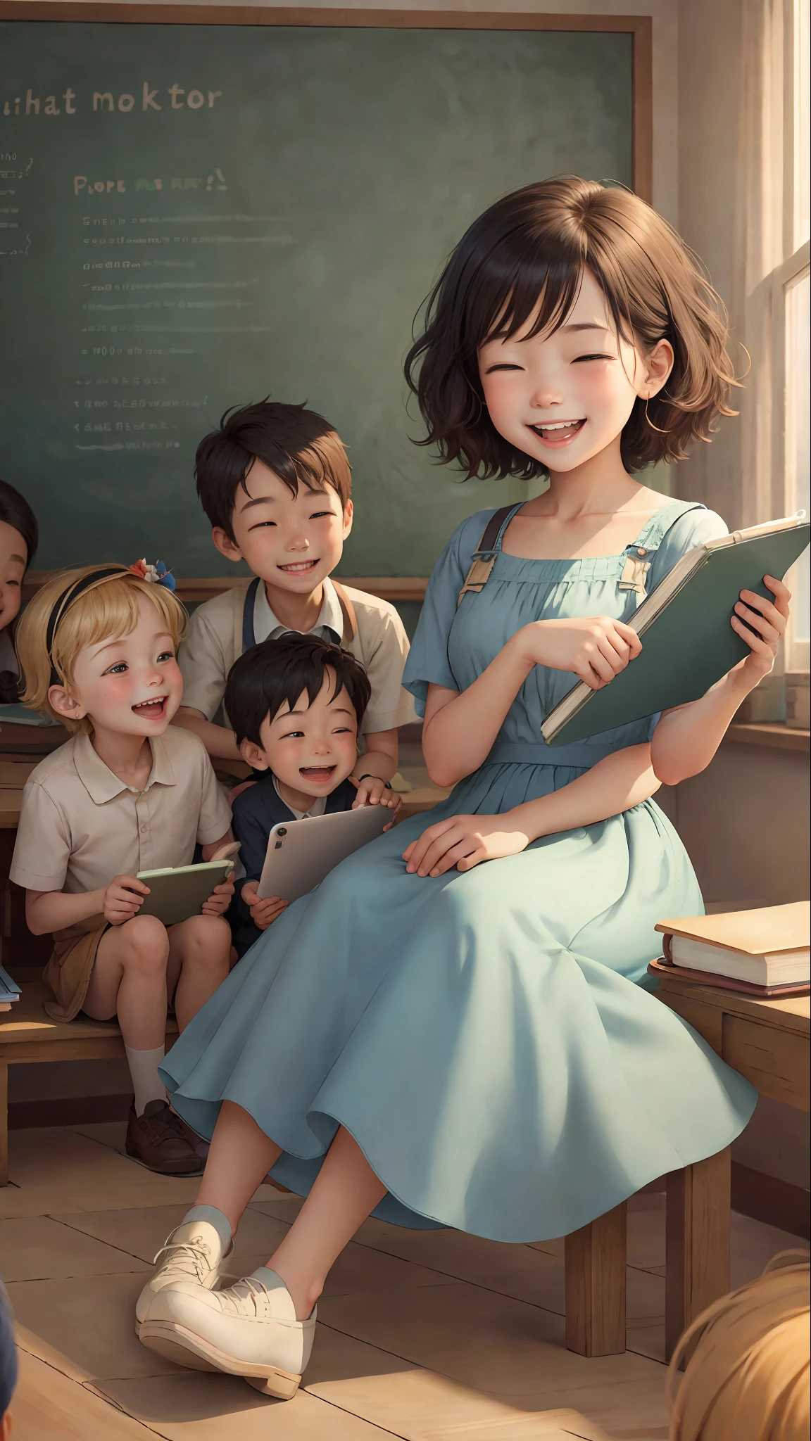 A group of children sitting on the ground, smiling, each holding a book, with a teacher-like woman holding a tablet, reading a story. The scene is rendered in a super detailed and perfect style, reminiscent of animated cartoons like Pixar and Disney. The characters have vibrant colors, expressive features, and flawless proportions. The color temperature is warm, with soft lighting that accentuates the joyful atmosphere. The children's faces radiate happiness and excitement, while the teacher's expression is warm and engaging. --v 5 --stylize 1000