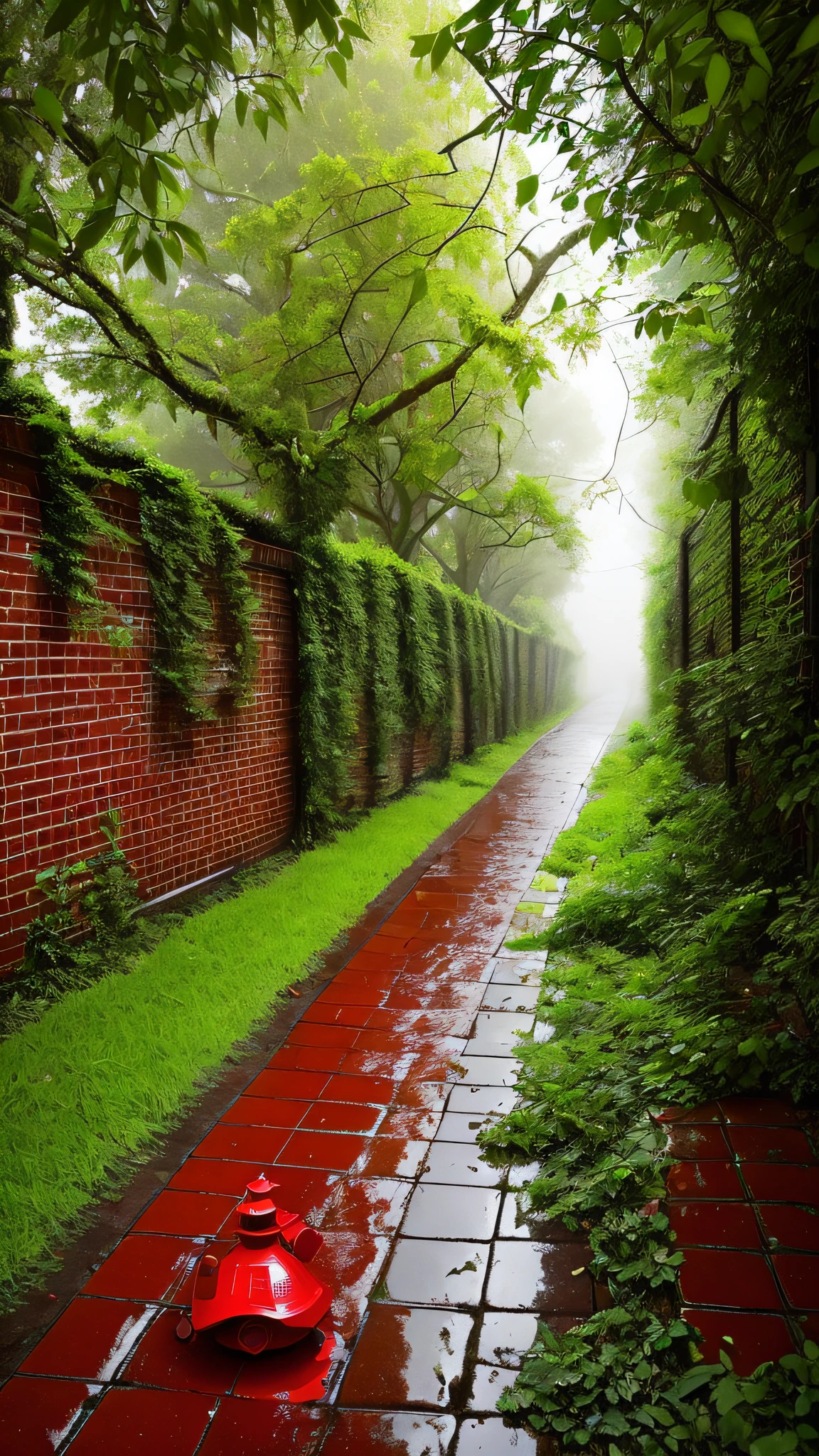 there is a red fire hydrant sitting on the side of a brick road, misty alleyways, green alley, amidst of nature fully covered, misty alleyway, dense with greenery, rainy and gloomy atmosphere, covered with vegetation, day after raining, green alleys, walls are covered with vines, in the rain in the early evening, hedges, just after rain