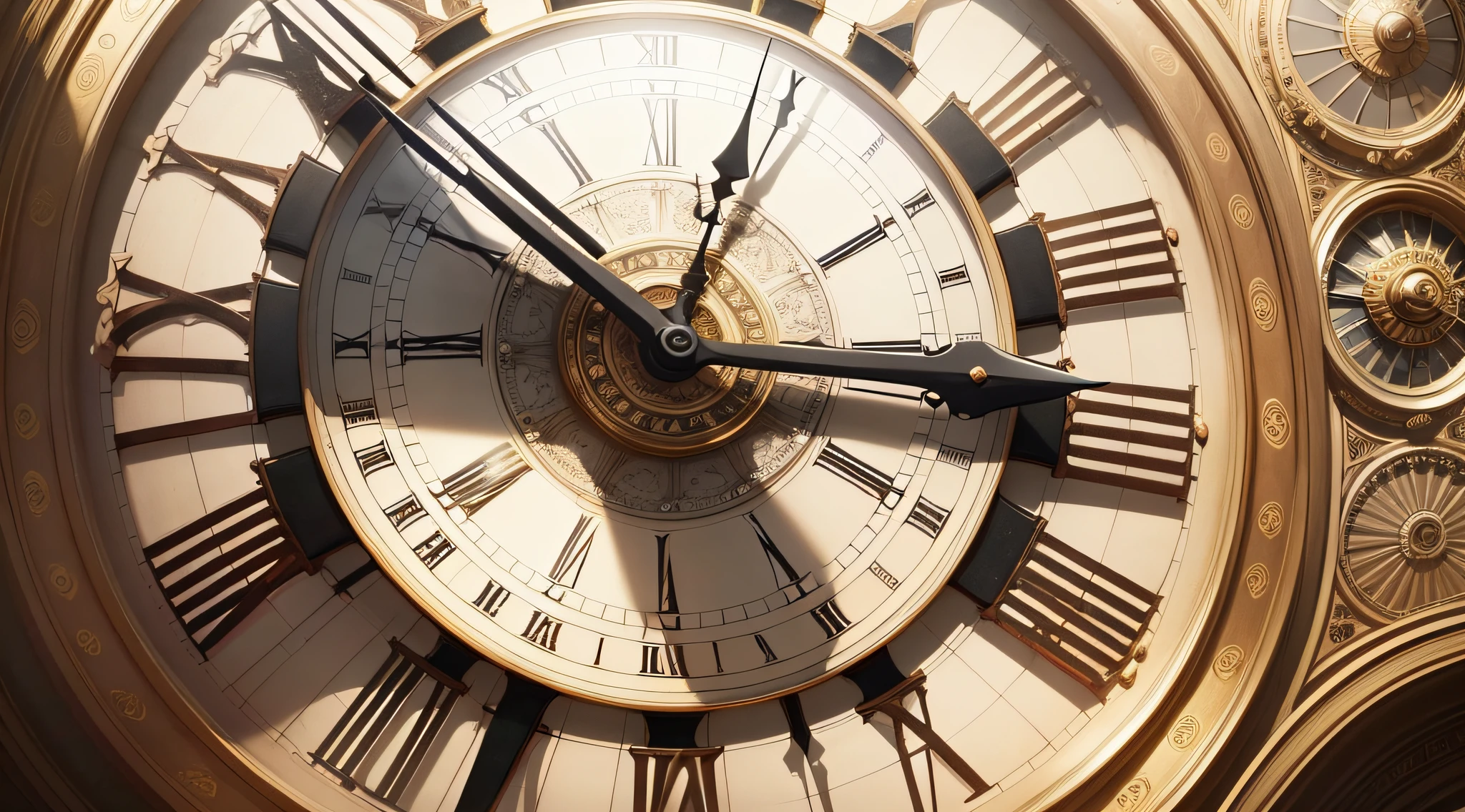 This image displays a large antique and elegant clock that takes up most of the background. The clock is set to almost midnight, suggesting that time is almost up. The image is dominated by neutral tones, allowing the title in large, white and light fonts --auto --s2