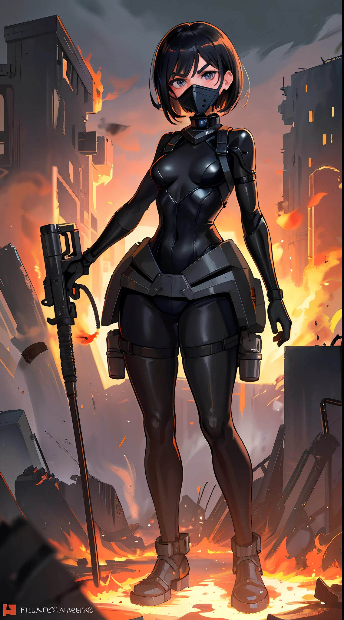 Original Character, Volumetric Lighting, Best Shadows, Shallow Depth of Field, Portrait Of Stunningly Beautiful Girl, Petite, Delicate Beautiful Attractive Face With Alluring Black Eyes, Sharp Eyebrows, Respirator Half Face Cover Gas Mask, Expressionless, Lovely Small Breasts, Layered Short Black Hair, Blush Eyeshadow, Thick Eyelashes, Metallic Texture, Full Body Fire Protection Suit, Flamethrower With Fuel, Flamethrower With Fuel Tank, Looking At Other, Destroyed Rusty Metal Structures, Standing In The Burning Destroyed City, Blazing Flames, Burning Black Smoke Rising Sky, (Highest Quality, Amazing Details:1.25), (Solo:1.3), Brilliant Colorful Paintings