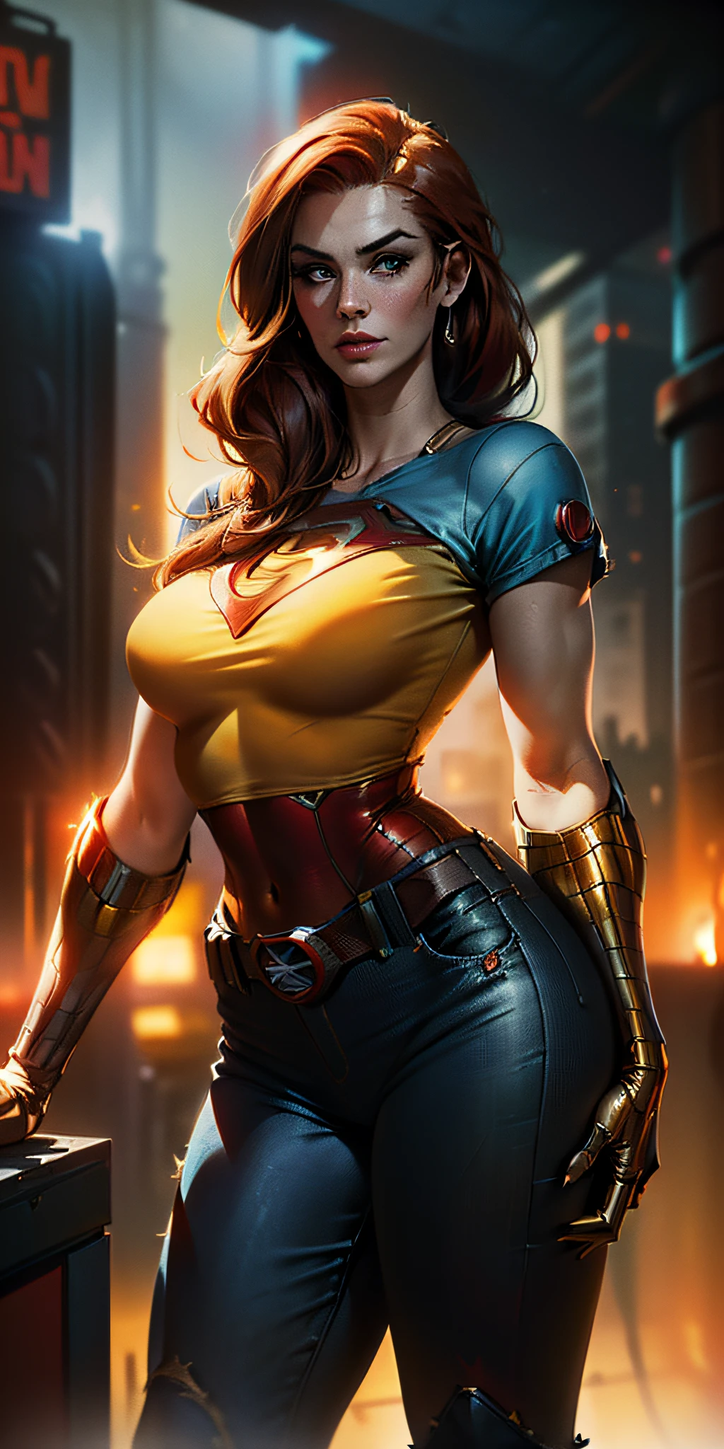 American World War II poster, Gil Elvgren style ((detailed skin)) (((A young woman with long size straight red hair up to the waist in superhero pose with yellow T-shirt and blue jeans))) ((detailed outfit entirely red with gold)) (cars in the background of the image) (((robotic left arm)) (((cyberpunk arm)))adobe lightroom, hero uniform, 1 girl, Solo, good body, side light, poster art style. 1980s, 1950s, 1960s, 1940s, basic color scheme, very colorful poster, colorful art, third rule, inspiring, woman, 1 25-year-old girl, hair blowing in the wind, looking at the viewer, blurred background, curvy body, green eyes