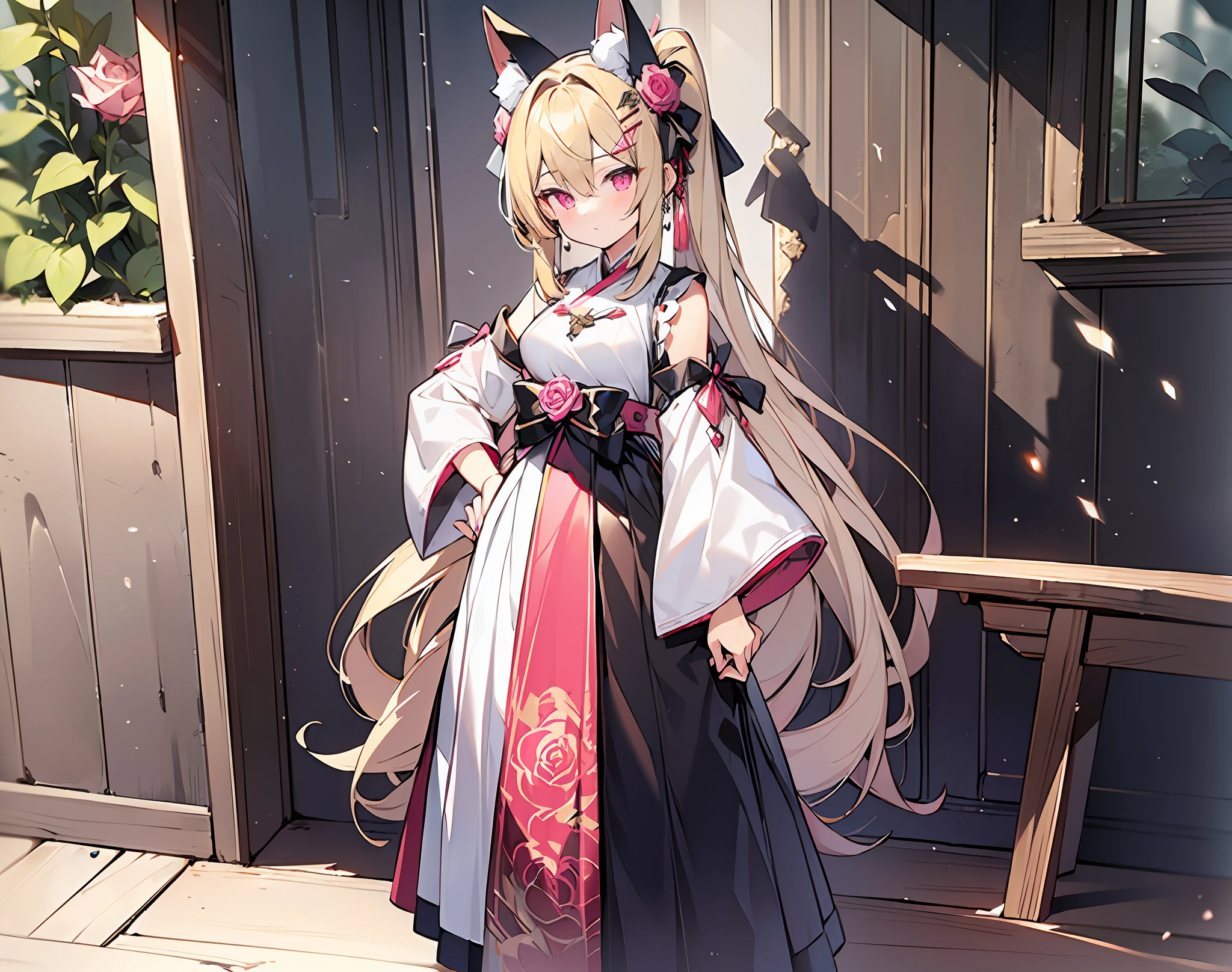 ((masterpiece, best quality)), a maiden, standing full body main view blonde hair, double ponytail, pink eyes, bangs between the eyes fox ears , black white and rose red clothing, clothing style: Hanfu, hair accessories are bow crystal pendant high heels white silk