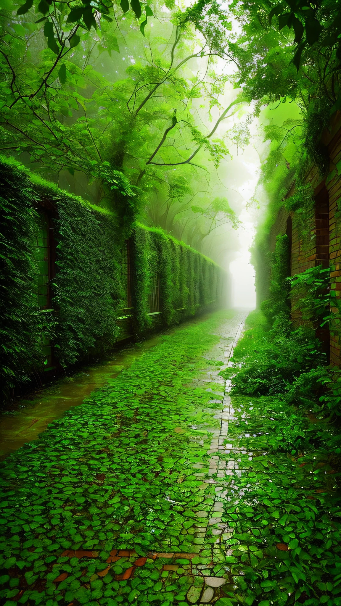 There is a brick road, misty alleys, green alley, in the middle of nature fully covered, misty alley, dense with vegetation, rainy and gloomy atmosphere, covered with vegetation, day after rain, green alleys, walls are covered with vines, in the rain in the early evening, hedges, just after the rain