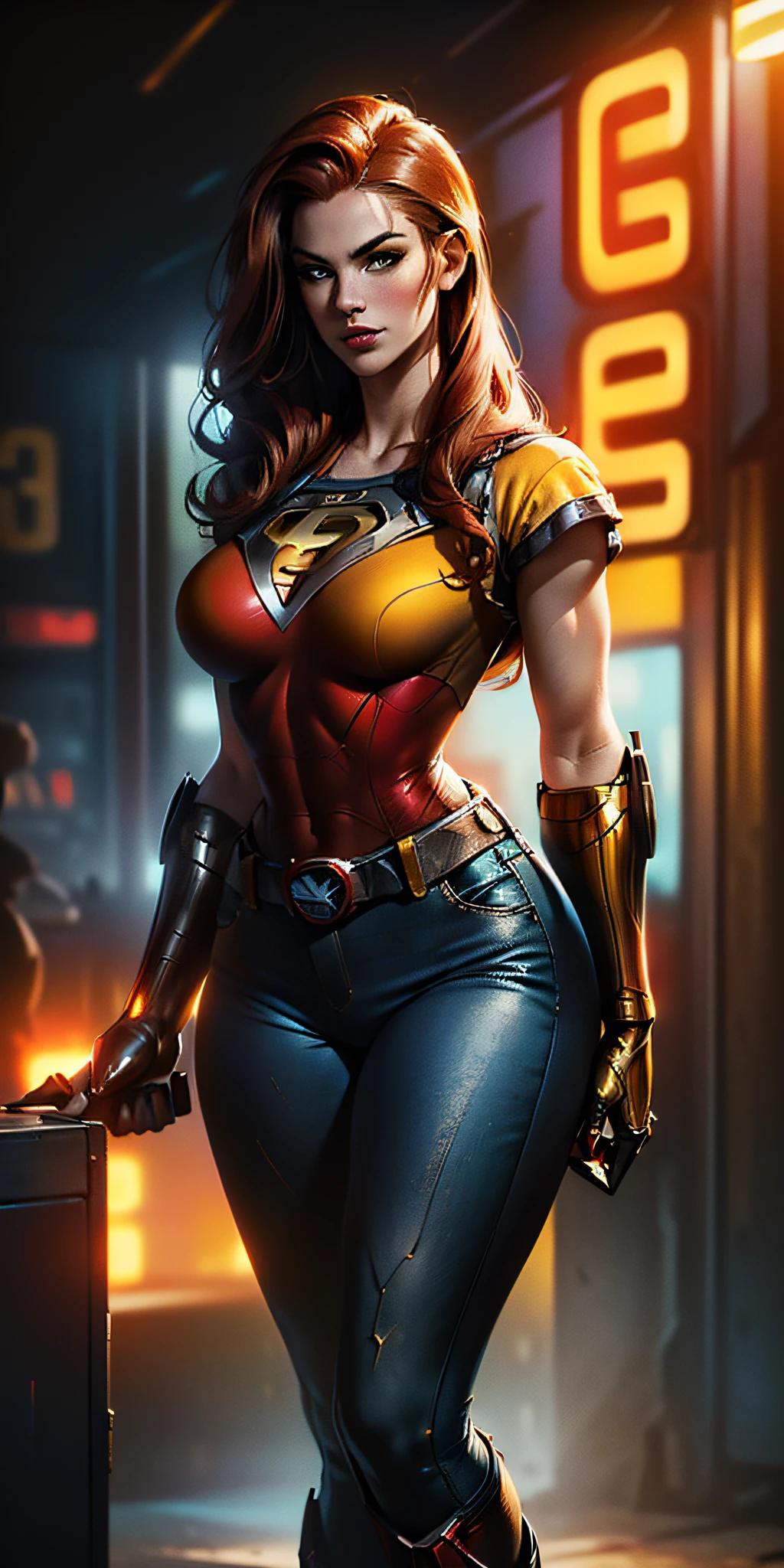 American World War II poster, Gil Elvgren style ((detailed skin)) (((A young woman with long size straight red hair up to the waist in superhero pose with yellow T-shirt and blue jeans))) ((detailed outfit entirely red with gold)) (cars in the background of the image) (((robotic left arm)) (((cyberpunk arm)))adobe lightroom, hero uniform, 1 girl,  Solo, good body, side light, poster art style. 1980s, 1950s, 1960s, 1940s, basic color scheme, very colorful poster, colorful art, third rule, inspiring, woman, 1 25-year-old girl, hair blowing in the wind, looking at the viewer, blurred background, curvy body, green eyes