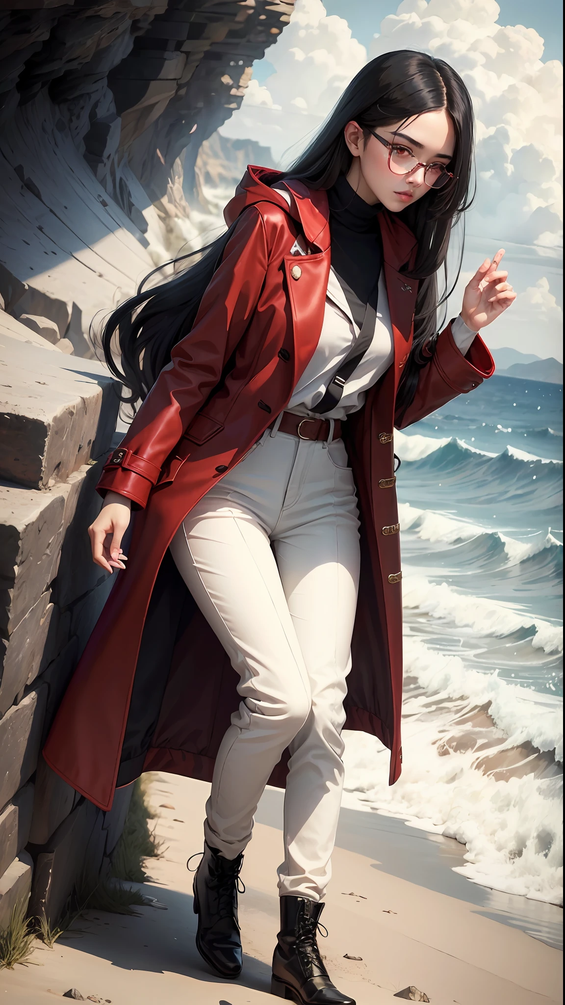 (masterpiece, best quality), 1girl, long hair, black hair, red eyes, glasses, long coat, red coat, pants, cliff, sea