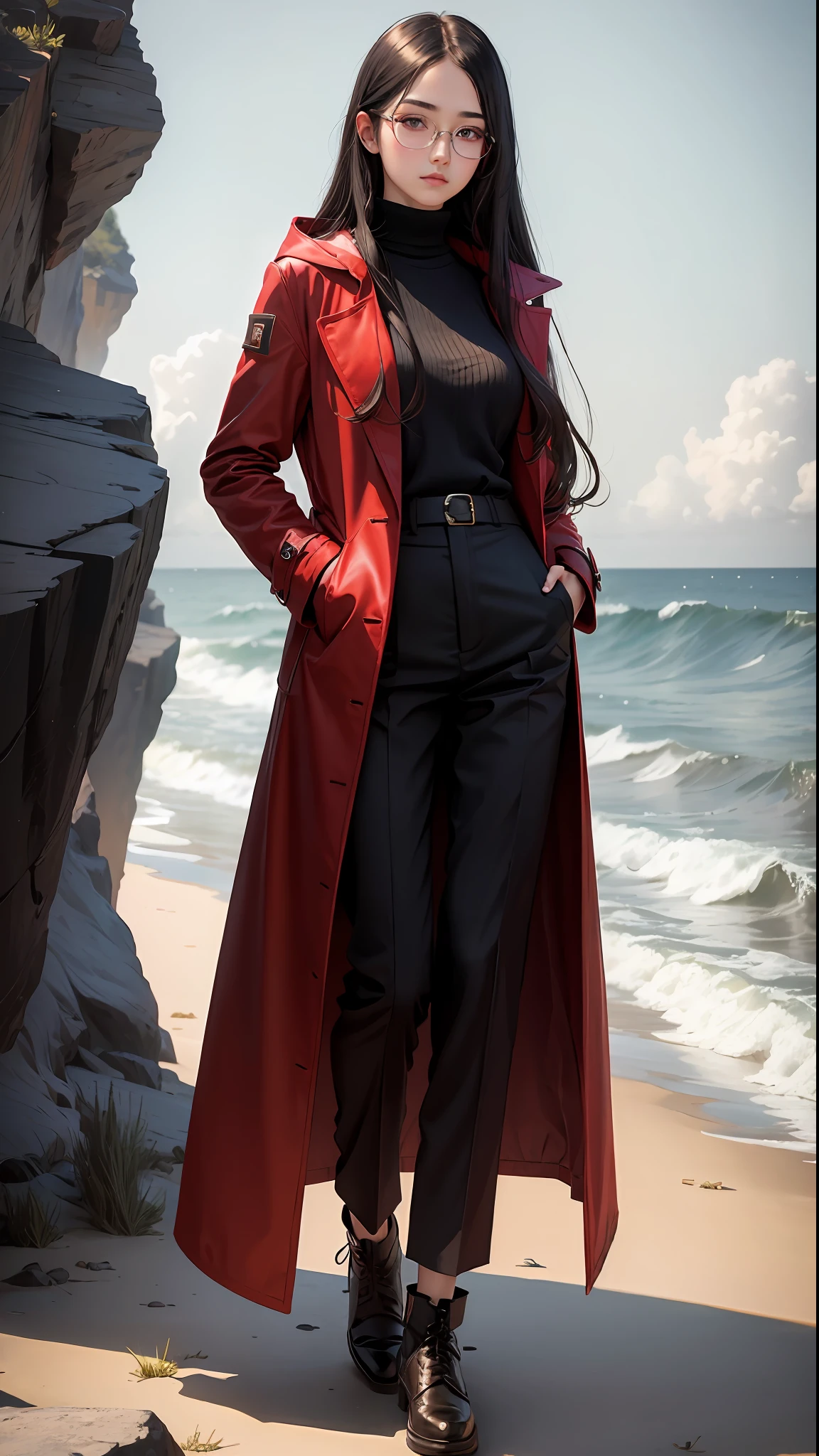 (masterpiece, best quality), 1girl, long hair, black hair, red eyes, glasses, long coat, red coat, pants, cliff, sea