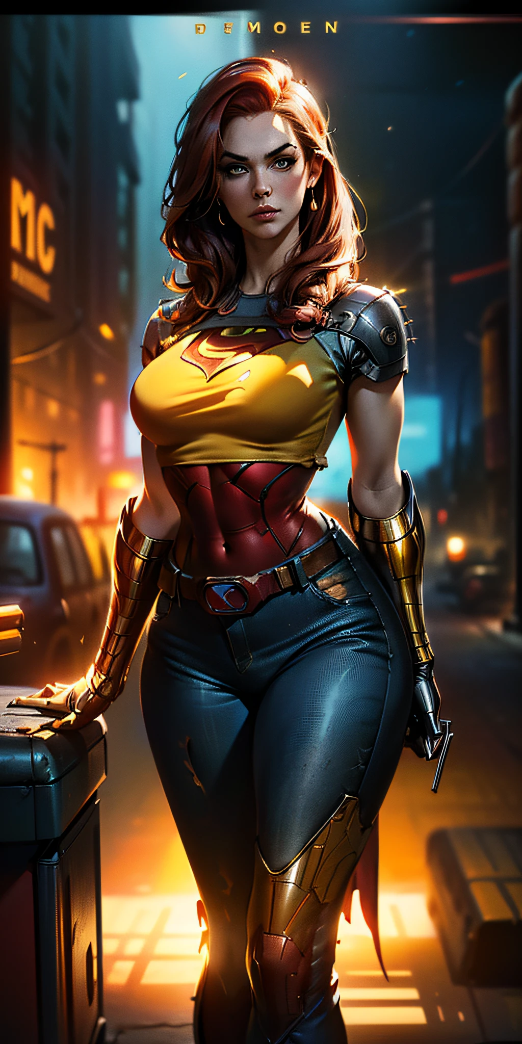 American World War II poster, Gil Elvgren style ((detailed skin)) (((A young woman with long size straight red hair up to the waist in superhero pose with yellow T-shirt and blue jeans))) ((detailed outfit entirely red with gold)) (cars in the background of the image) (((robotic left arm)) (((cyberpunk arm)))adobe lightroom, hero uniform, 1 girl,  Solo, good body, side light, poster art style. 1980s, 1950s, 1960s, 1940s, basic color scheme, very colorful poster, colorful art, third rule, inspiring, woman, 1 25-year-old girl, hair blowing in the wind, looking at the viewer, blurred background, curvy body, green eyes