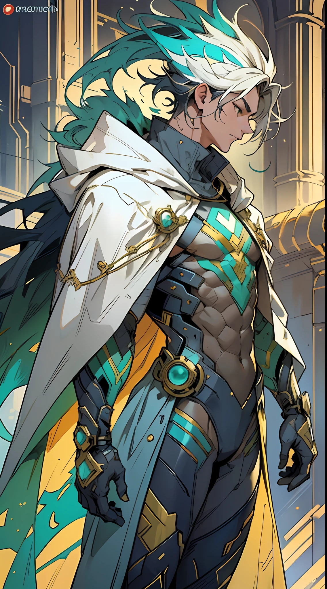 Draw a hero wearing a green and gold costume with futuristic details. The suit should look technological and advanced, with bright lines and cybernetic elements. The hero must wear a white hood that covers his head but leaves his face exposed, and a white cape that extends from his left shoulder to his left ankle, giving him an asymmetrical and dynamic look. The hood and cape should have an elegant and fluid appearance, suggesting movement even when the hero is stationary. Feel free to add any other details or accessories you see fit to enhance the futuristic aspect of the hero. Remember that the main emphasis is on the design of the costume, hood and cape, and your creativity is welcome to make the hero unique and impressive