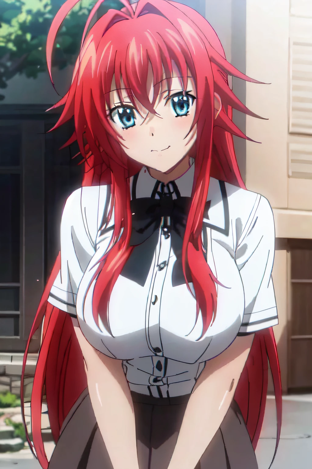 masterpiece, best quality, 1girl, long hair, looking at viewer, :3, cute, black school uniform, outdoors, streets, cowboy shot, large breasts, curvy, (((blue eyes))),  rias gremory, red hair, antenna hair,  wavy hair, ((beautiful detailed eyes, beautiful detailed glow, lots of glow)), anime screencap,