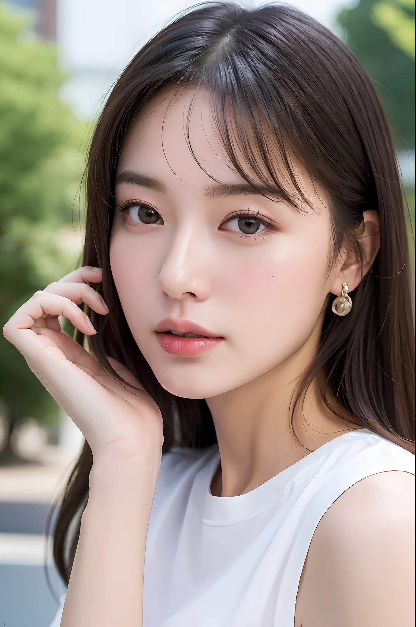 (8k, RAW photos, top quality, masterpiece: 1.2), super detail, super resolution, (realistic, realistic photos: 1.37), portraits, high detail RAW color photos, professional photos, very detailed and beautiful, highly detailed, 8k wallpapers, amazingly detailed, huge file size, official art, highly detailed CG Unity 8k wallpapers, very detailed beautiful girls, highly detailed faces, Very detailed eyes, very detailed skin, Very detailed fingers, Very detailed nose, Very detailed mouth, Perfect ???????, Very detailed background, Very detailed clothes, 1 girl, (18:1.2), 20s, Pretty girl, Realistic body, Petite, Fair skin, Glowing skin, Slim body, Handsome body, Black hair, Rounded hair, (dull bangs:1.2), Smile, Cute, Youthful, Cute face, Realistic face, Delicate eyes, droopy eyes, white t-shirt, short skirt, earrings, looking at viewer, cowboy shot, facing forward, standing position, counterpoint, dynamic lighting, big breasts, glossy lips, glossy pink lips