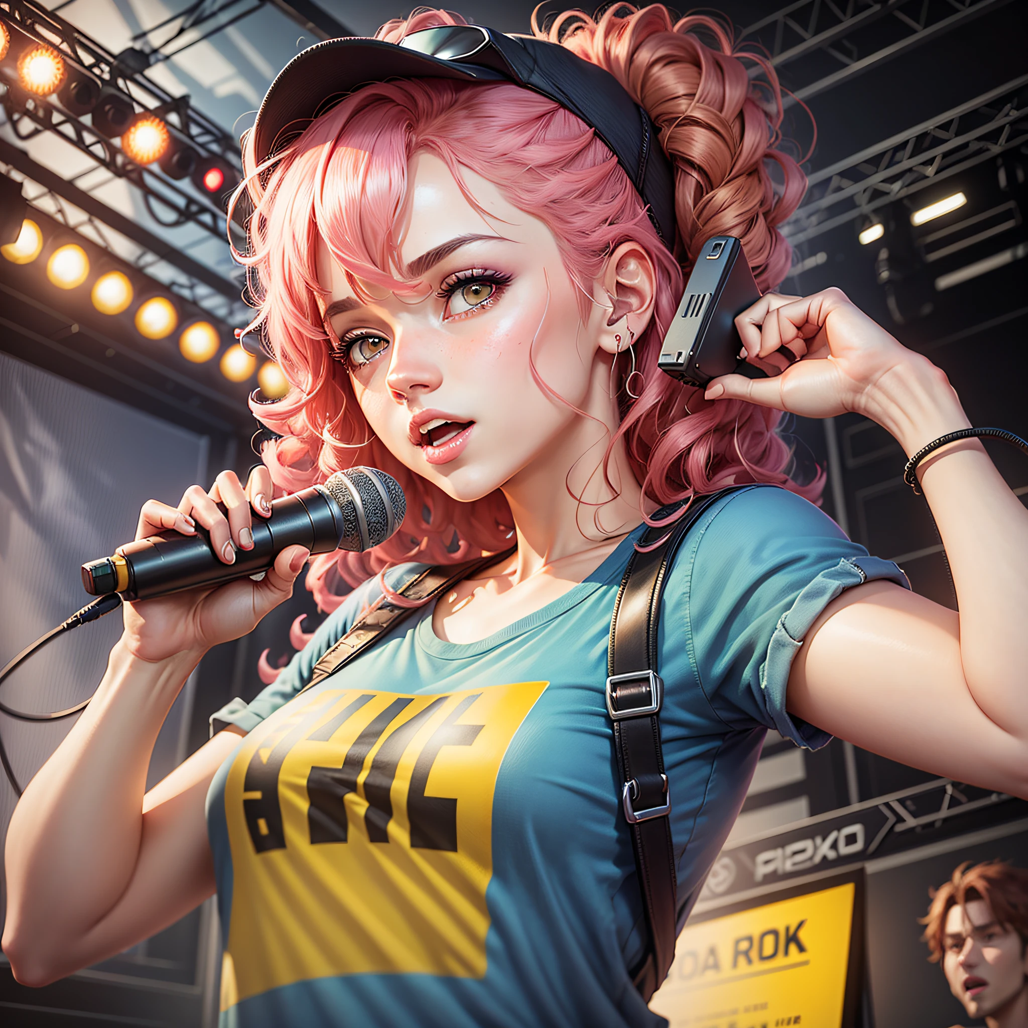 A young woman with curly pink hair, detailed light rose eyes, winking. wears a yellow t-shirt and jeans, holds a microphone. in a casual scene, speakers and lights around her. looking with singer and fun. detailed sound, musical, masterpiece, detailed textures and pixels, ultra detailed skin textures. 8k resolution, by Madhouse studio. “Hana’s Singer Day”. trending on pinterest. perfect high-quality anime illustration.