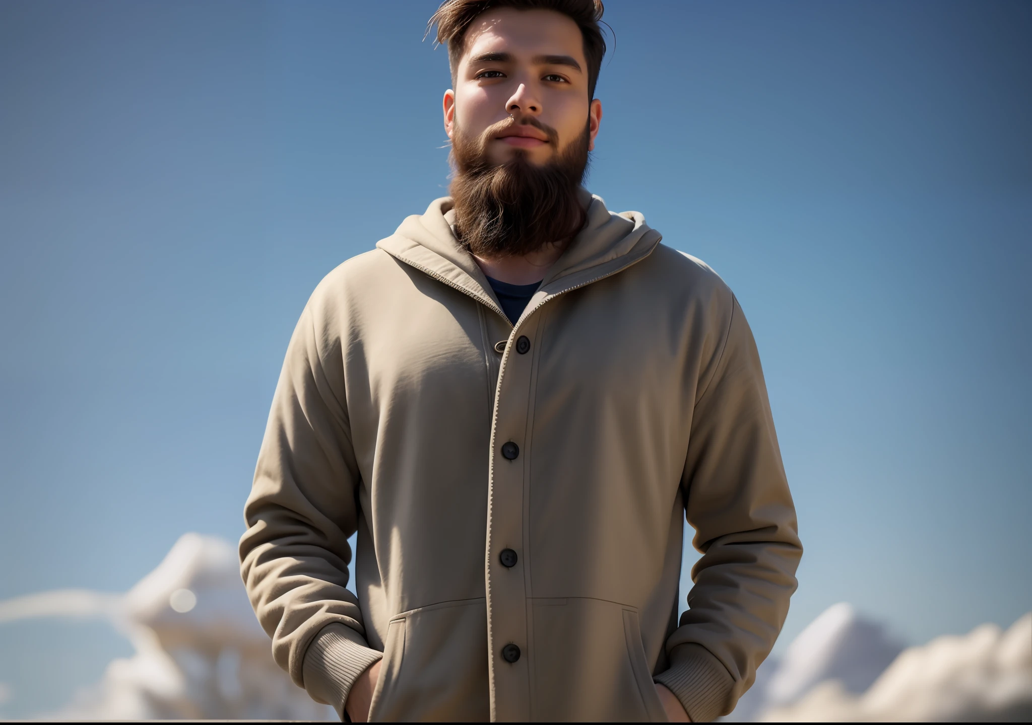 A young man of 25 years, with a beard, with clothes, looking at the sky and with his hands to the sky.