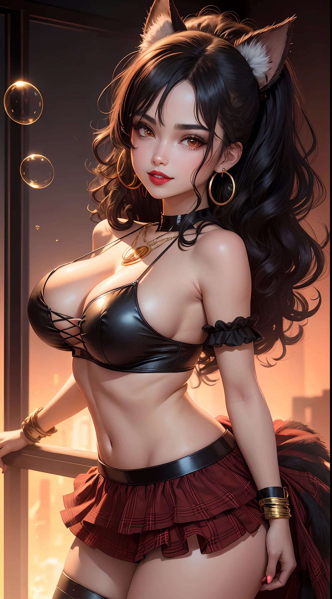 Beautiful girl with black curly hair with shine, hair bubbles, shudder, long eyelashes, solid circle eyes, blood red lips, fake animal ears, light smile, large breasts, neckline, back, round ass, earrings and necklace, bracelets, ear blush, plaid with gold, fangs, Surrealism, projected shadow, anaglyph, stereogram, tachi-e, pov, atmospheric perspective, 8k, super detail, accurate, better quality, blurred background