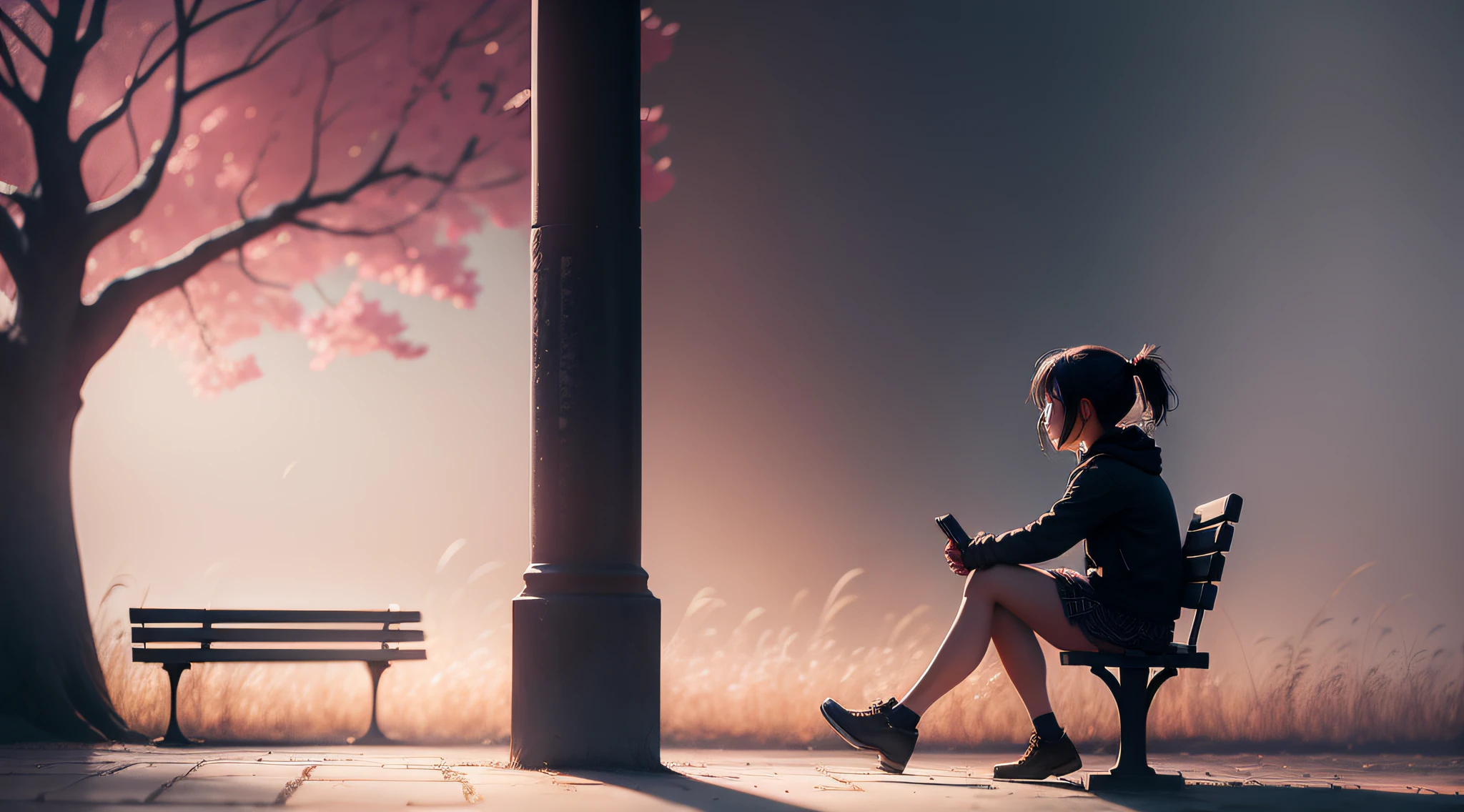 Square, silhouette of a girl sitting on a bench, vivid colors