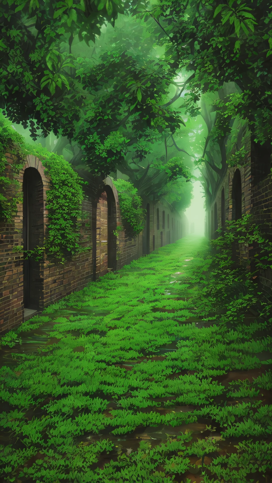There is a brick road, misty alleys, green alley, in the middle of nature fully covered, misty alley, dense with vegetation, rainy and gloomy atmosphere, covered with vegetation, day after rain, green alleys, walls are covered with vines, in the rain in the early evening, hedges, just after the rain