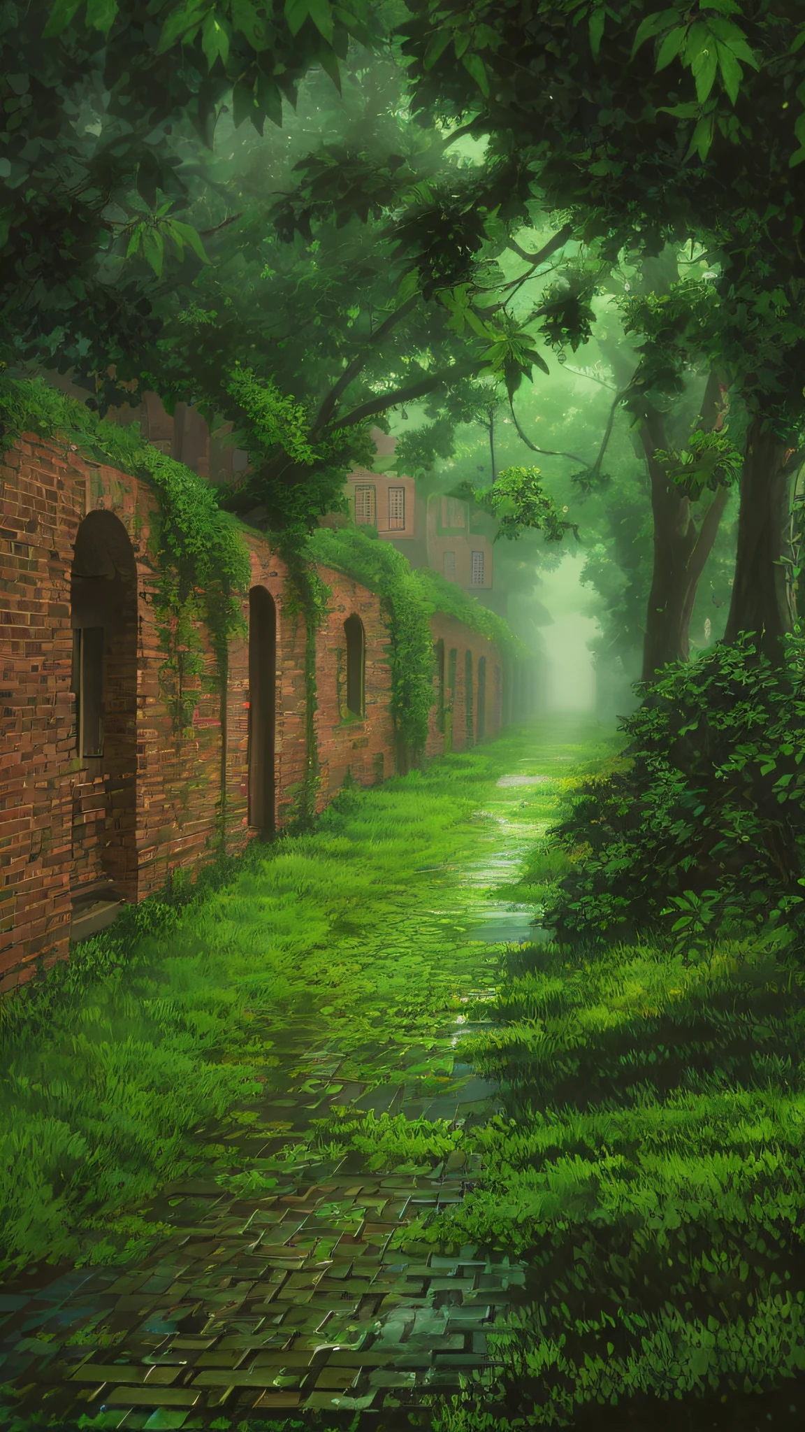 There is a brick road, misty alleys, green alley, in the middle of nature fully covered, misty alley, dense with vegetation, rainy and gloomy atmosphere, covered with vegetation, day after rain, green alleys, walls are covered with vines, in the rain in the early evening, hedges, just after the rain