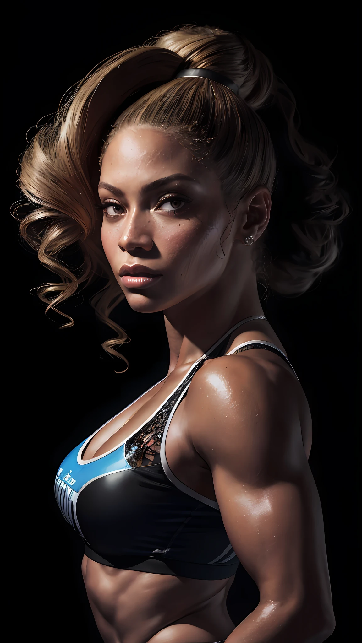 8k portrait of Beyoncé muscle, gym clothes, intricate, 35 years, gym background, full body, looking at the camera, elegant, (black eyes), highly detailed, majestic, digital photography, art by artgerm and ruan jia and greg rutkowski, broken glass around (masterpiece, side lighting, beautiful finely detailed eyes: 1.2 ), hdr